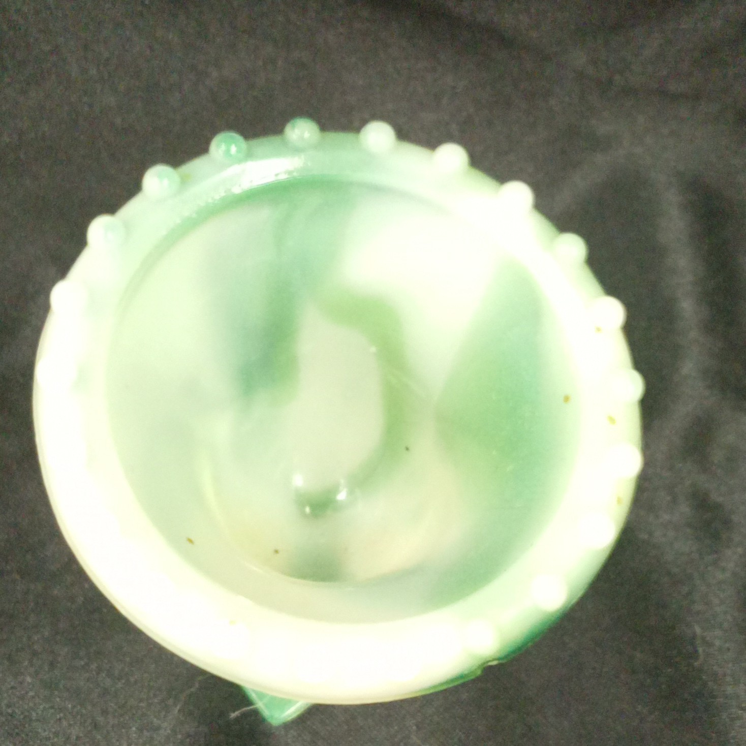 Green White Swirl Glossy Glass Decorative Vase Pedestal Beaded Rim Art