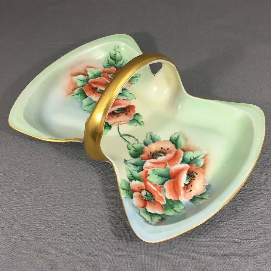 Vtg Handled Poppies Floral Basket Bon Bon Tray Candy Dish Hand Painted Signed