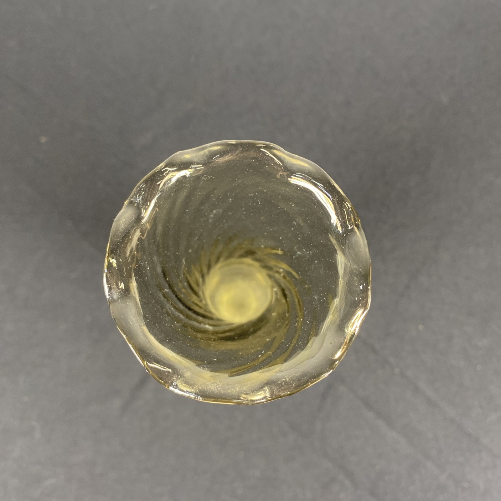Vintage 8” Smoky Olive Fluted Glass Bud Vase Scalloped Rim Twisted Spun Stem MCM
