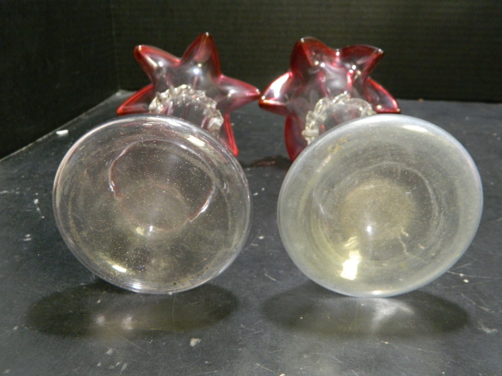 Vintage (2) Hand Blown Scalloped Cranberry Crown Art Glass Vases w/ Applied Ring