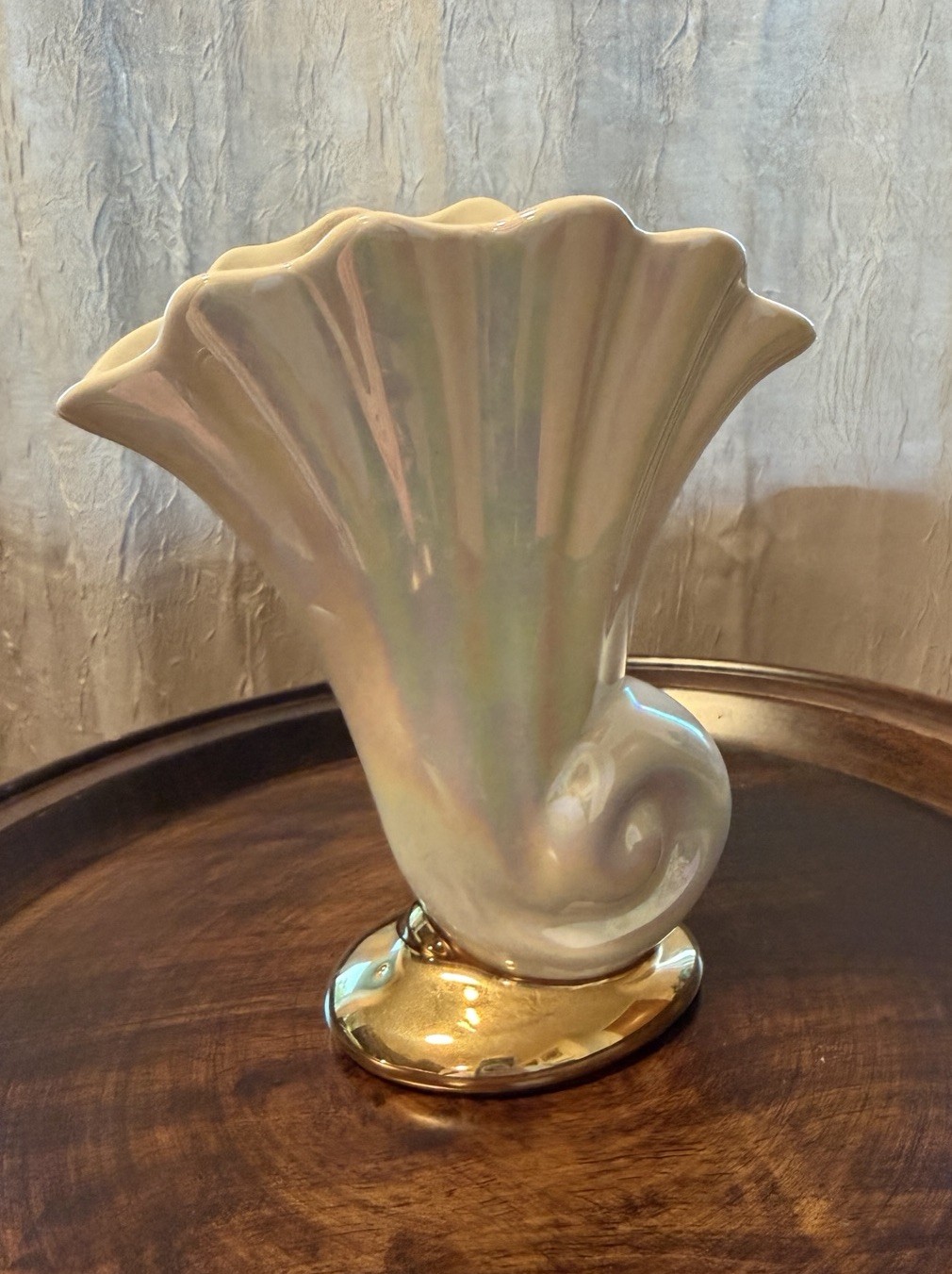 Unmarked Iridescent White Fluted Ceramic Vase Glossy Gold Base Signed 7 in