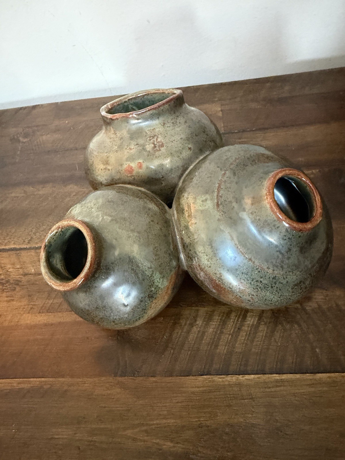 Studio Pottery Triple Bud Vase 3 Pod Organic MCM Rustic Brown Green Vase