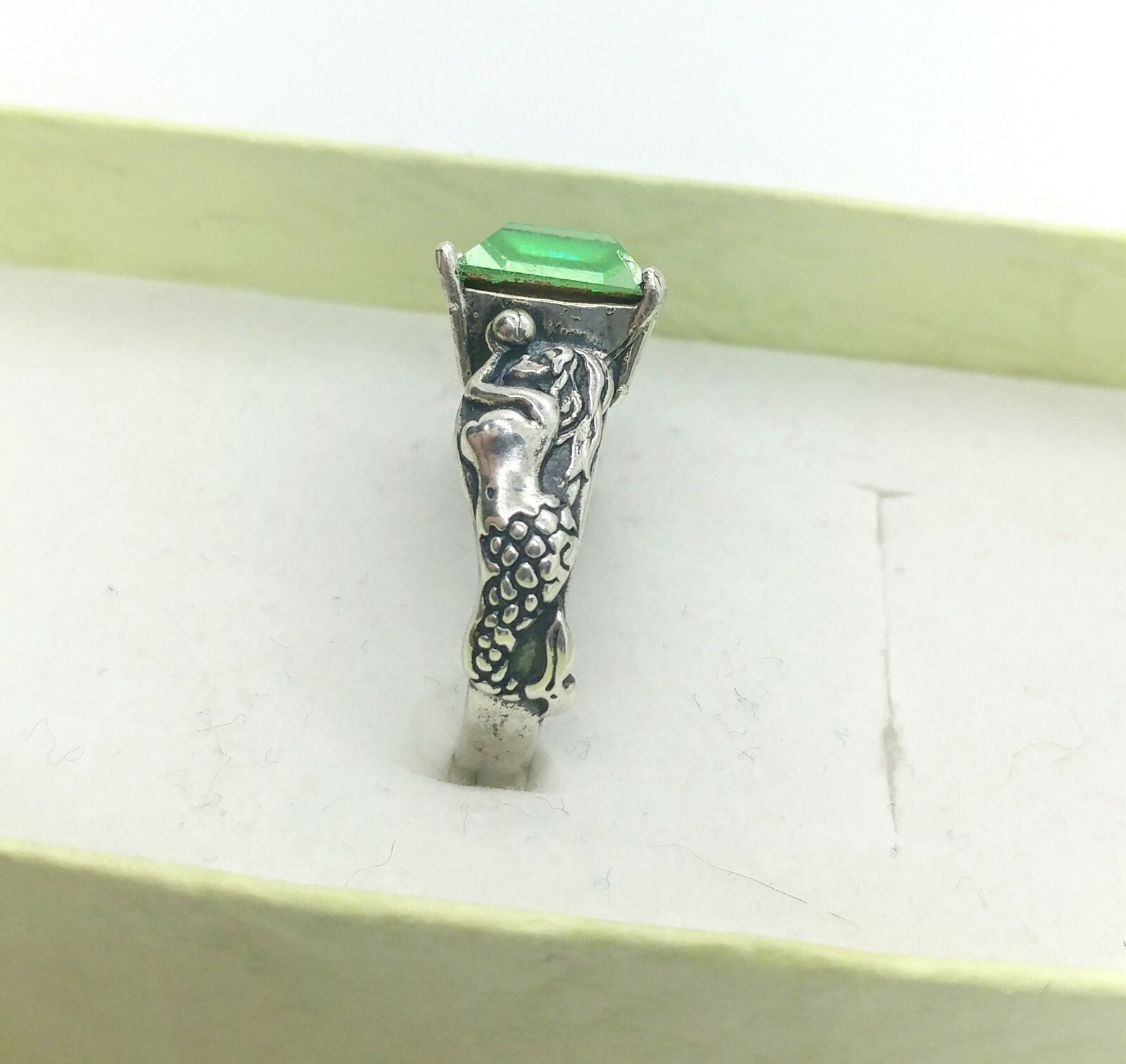 Sterling Mermaid Uranium Glass Ring Square Princess Cut 925 Silver