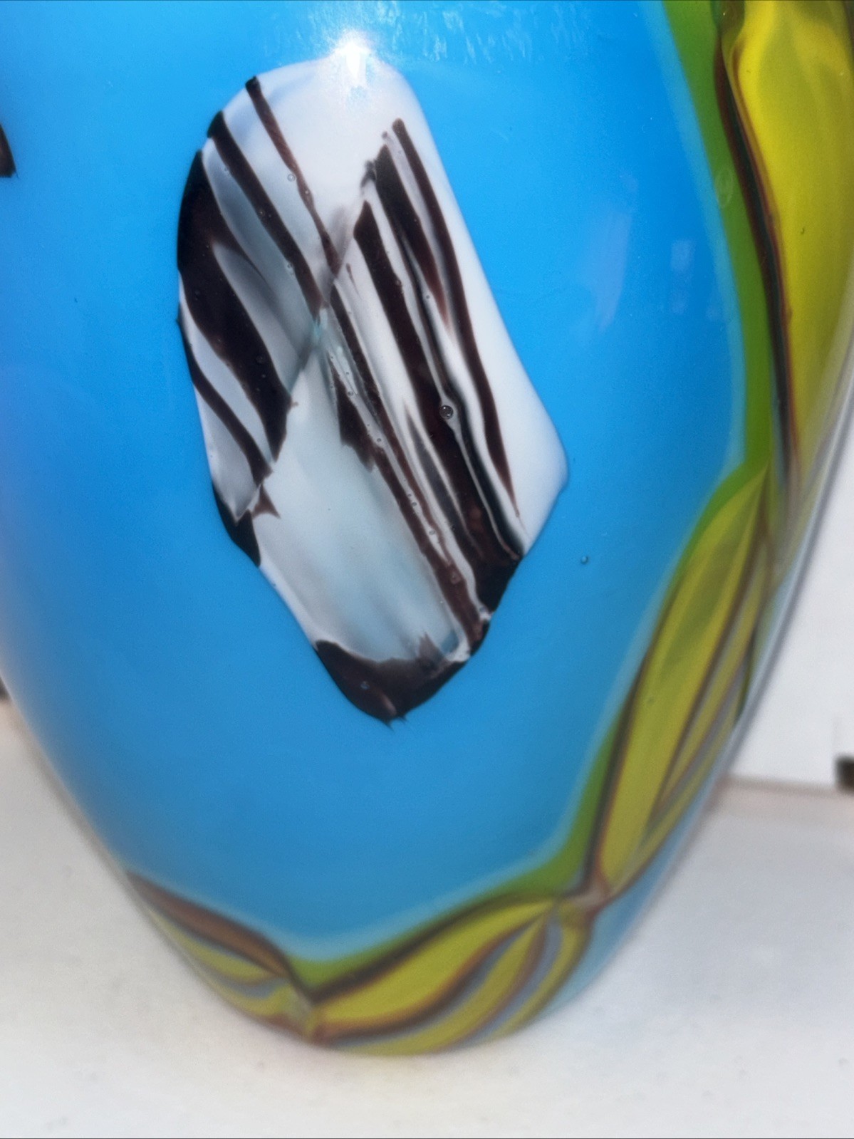 Lovely Murano Style Hand Blown Art Glass Oval Vase Blue Green Abstract 10 3/4”