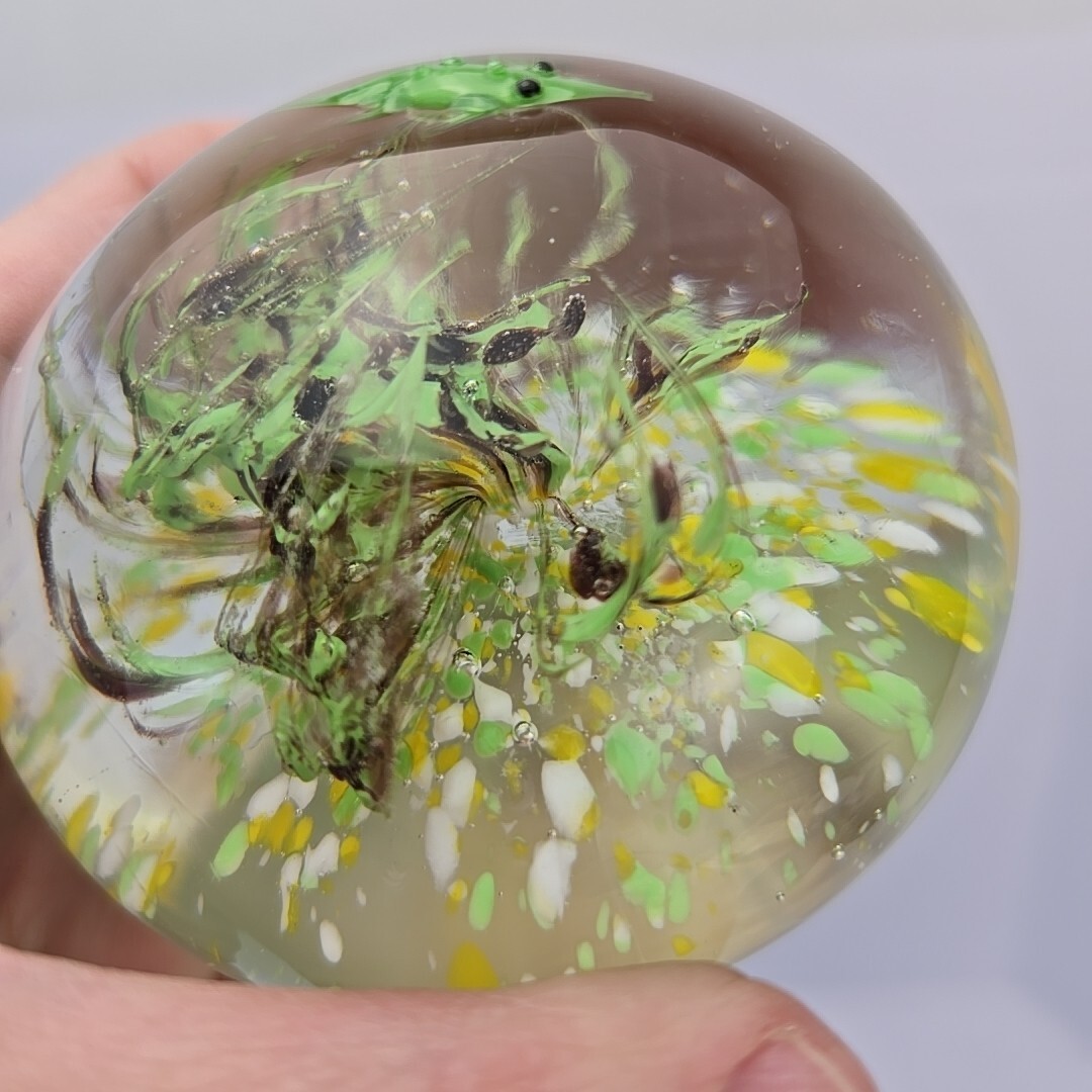 Vtg Art Glass Paper Weight With Green Shrimp Yellow, White & Green Brown Swirl