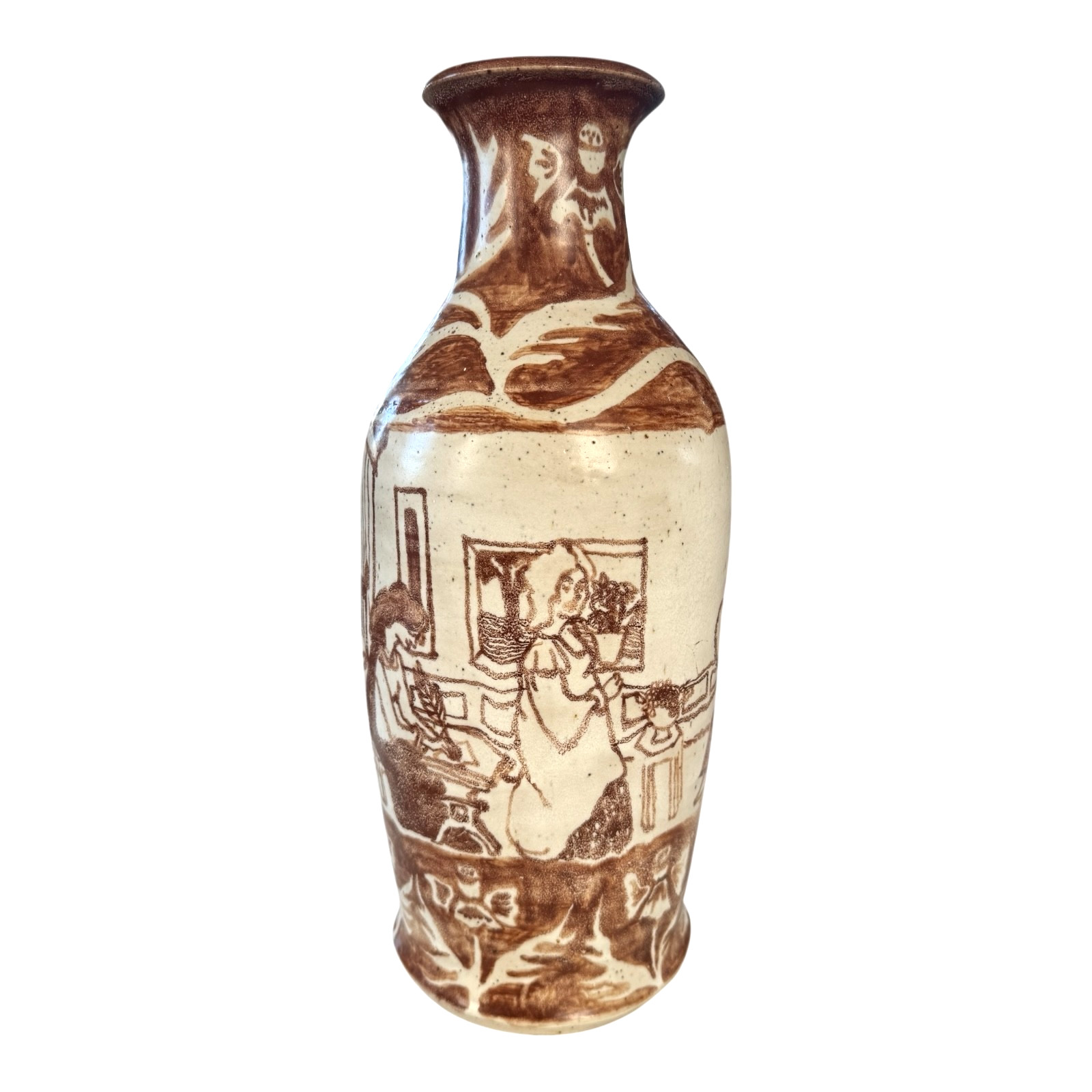 Vintage Tall Handmade Studio Art Pottery Stoneware Vase – Cream & Brown Glaze