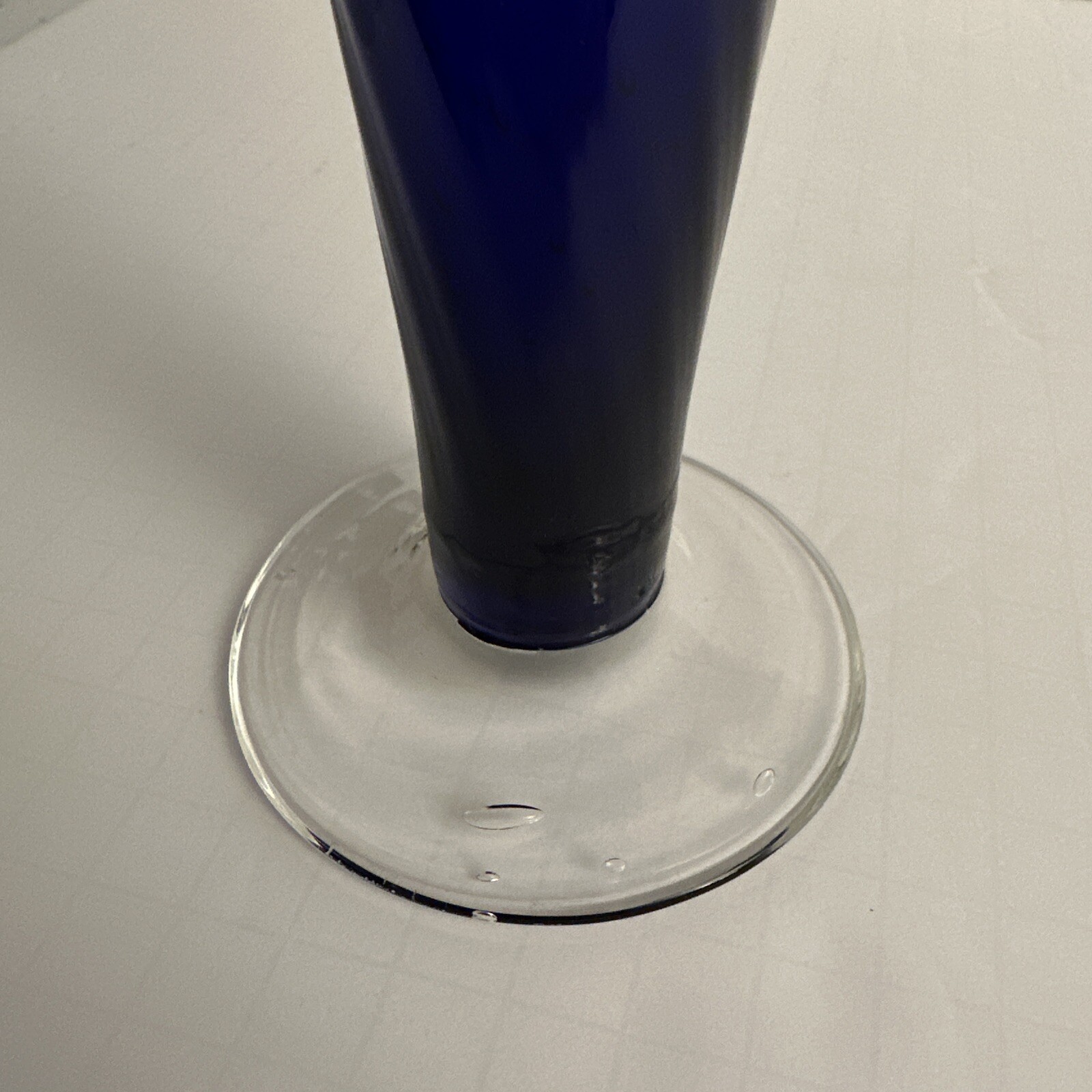 Handcrafted Cobalt Blue Blown Glass Swirl Lily Vase With Clear Base & Bubbles