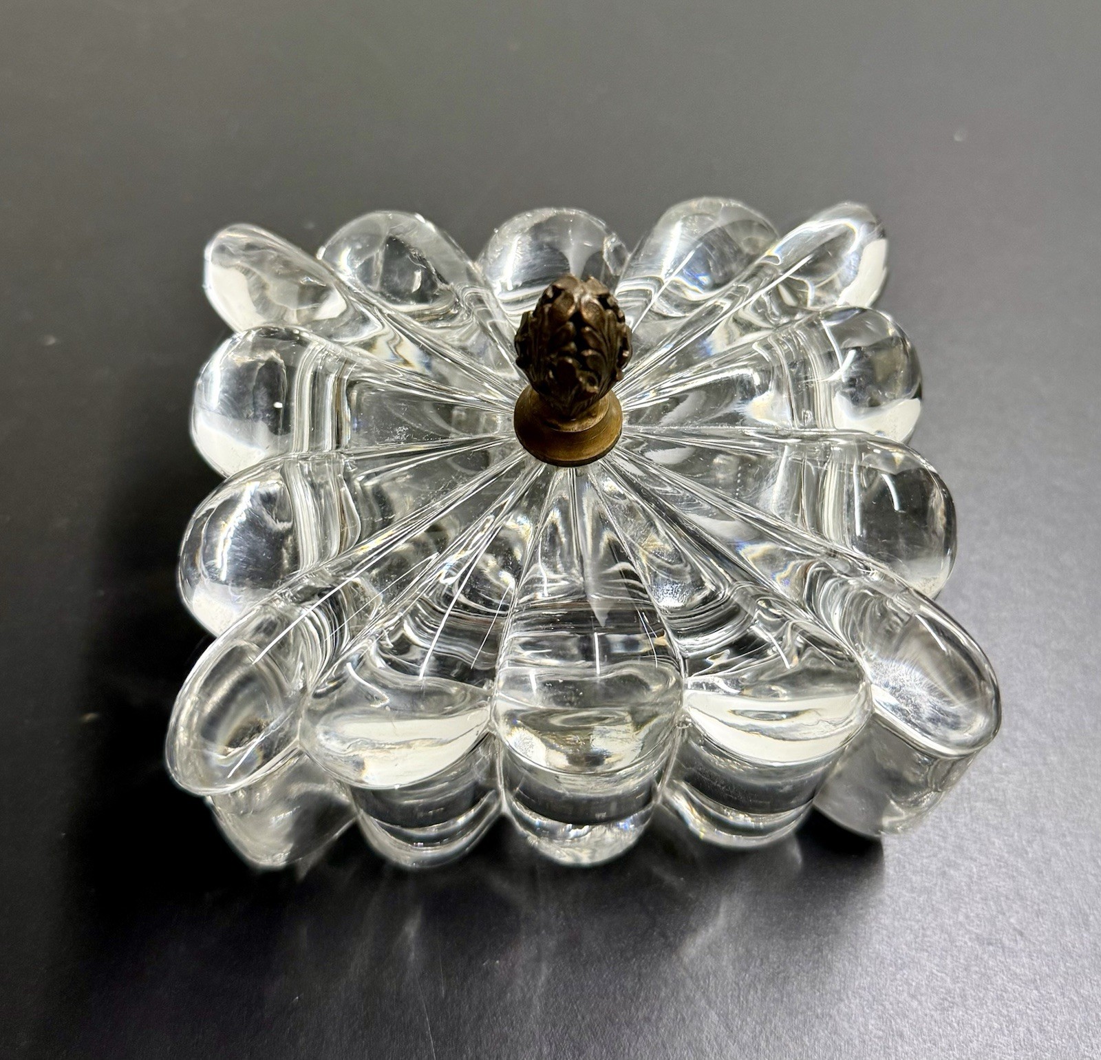 Heisey Crystolite Style Clear Glass Lidded Decorative Box Brass Metal Handle