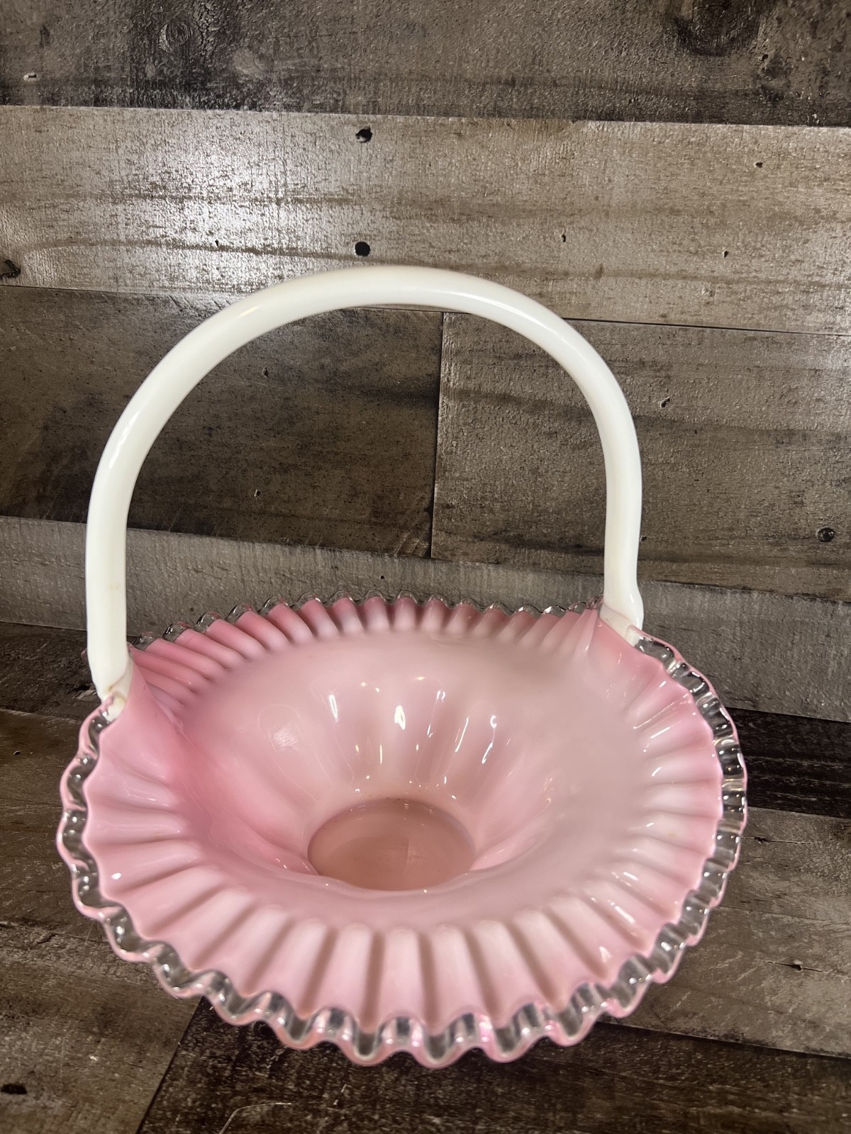 Vintage Fenton Pink Crest Glass Basket 11.25″ Hand Blown Opalescent Ruffled Edge