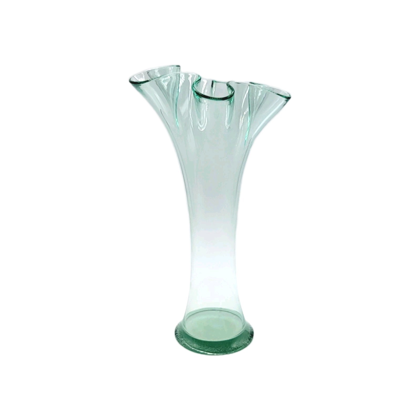 Art Glass Green Tint Scalloped Ruffled Top 9″ Hand Blown Flared Vase