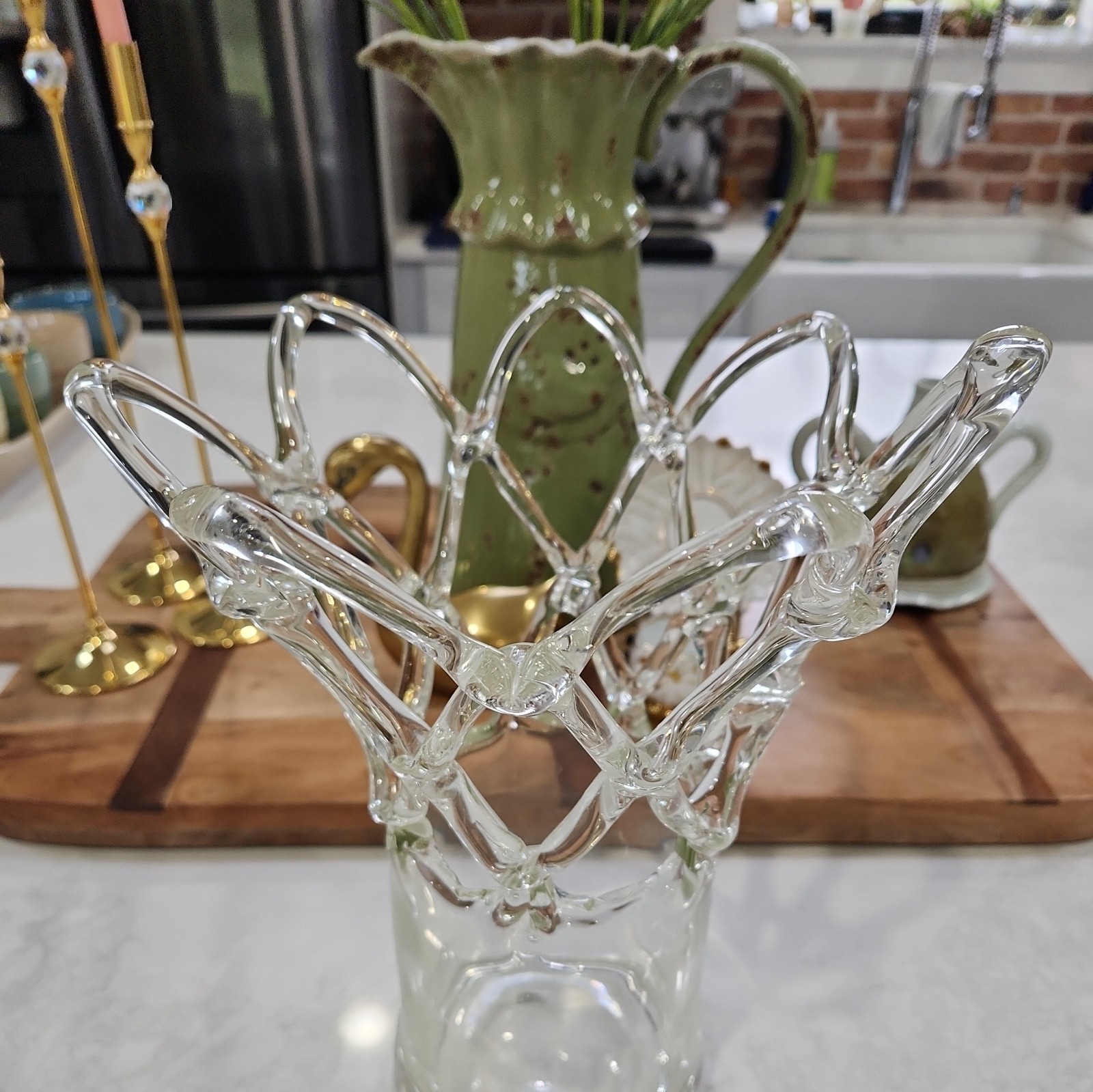 Vintage Italian Woven Lace Lattice Hand Blown Art Glass Vase MCM Home Decor 11″T
