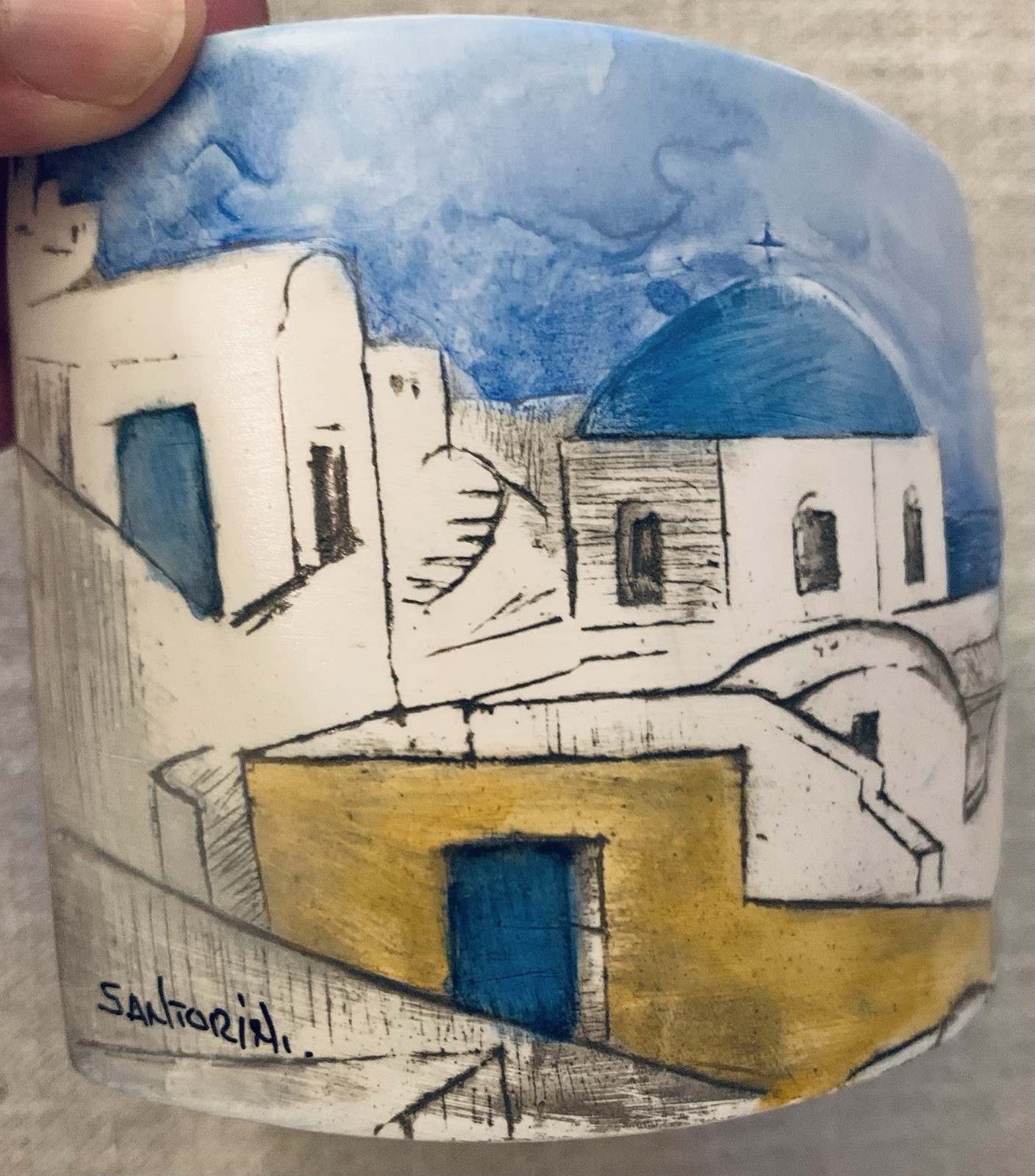 Souvenir Greek Pottery Candle Holder Santorini Cazanos? Artist Tourist Vintage