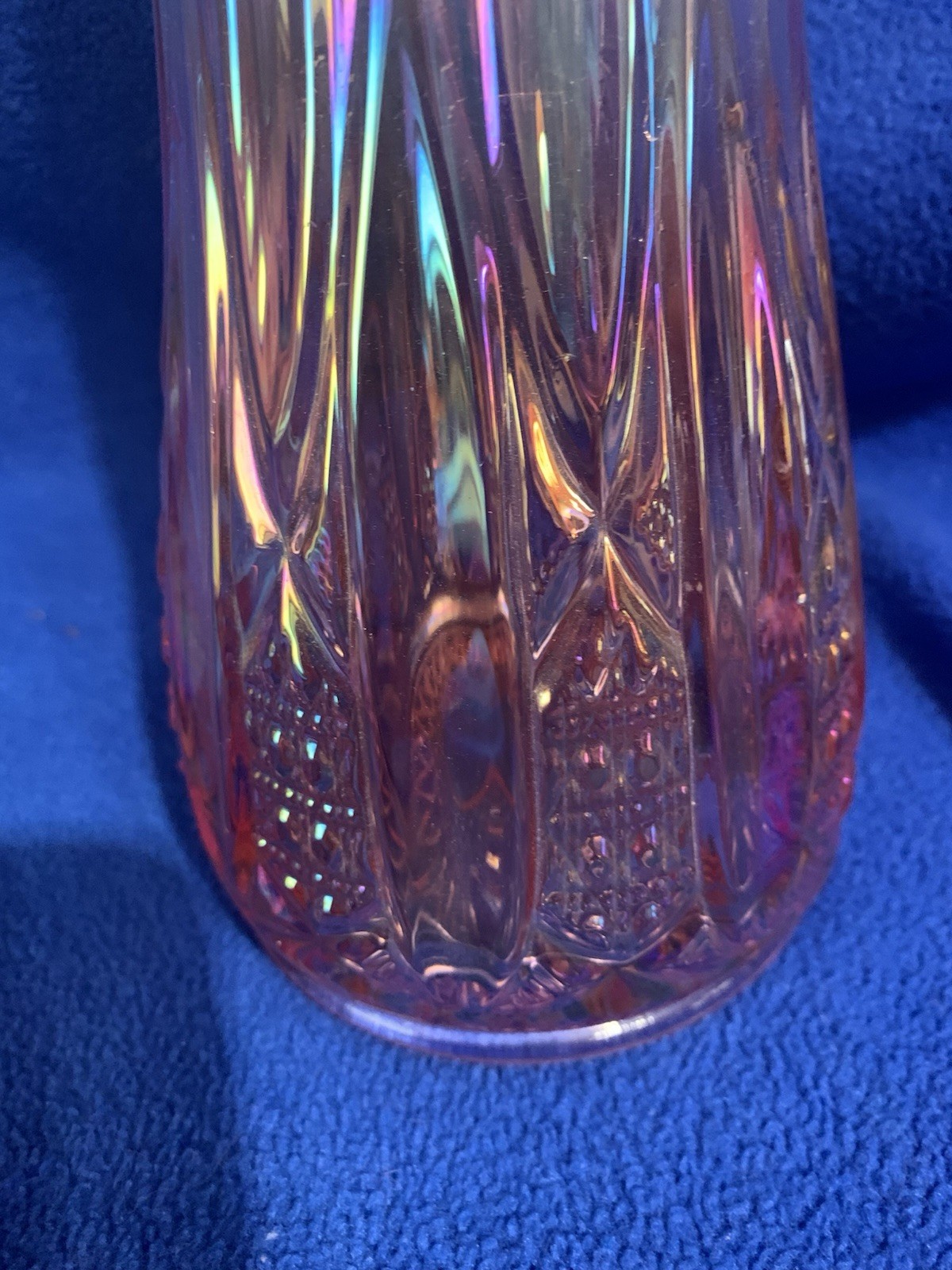 L E Smith Quintec Swung Vase Pink Iridescent Glass 16.25 Inches 16 Fingers