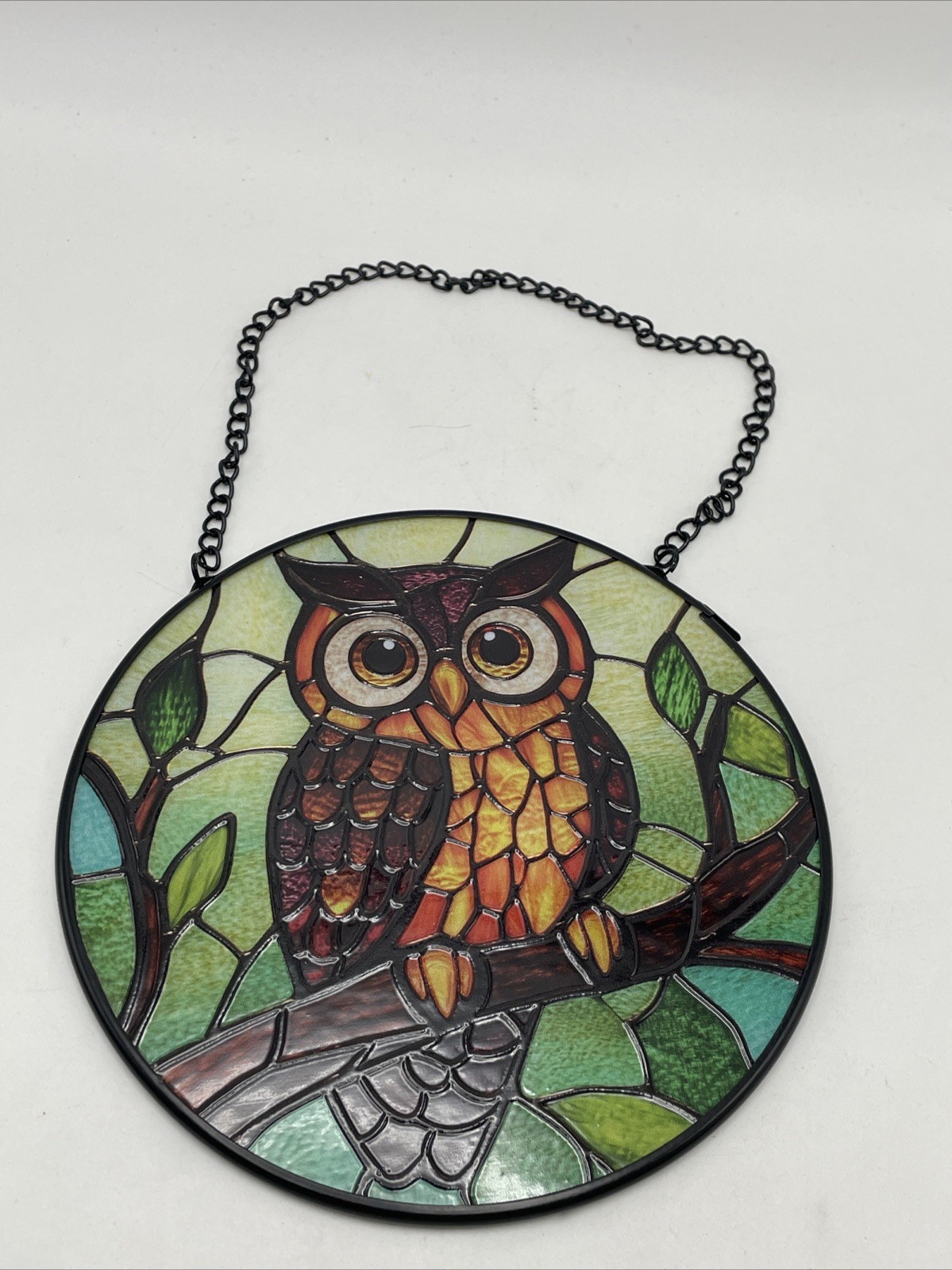 HWRHTR Stained Glass Owl Window Hanging Suncatcher Round Panel Decor 6.3”