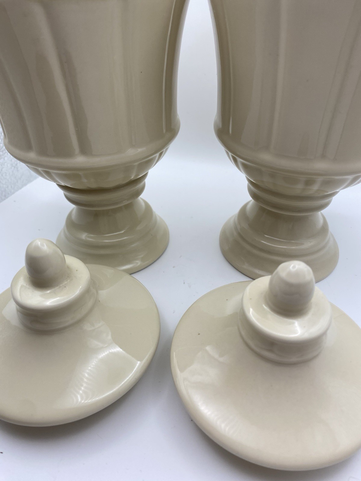 Vintage Ceramic Glazed Lidded Urn Or Jar Shiny Finish 8 Inches Tall Set Of 2