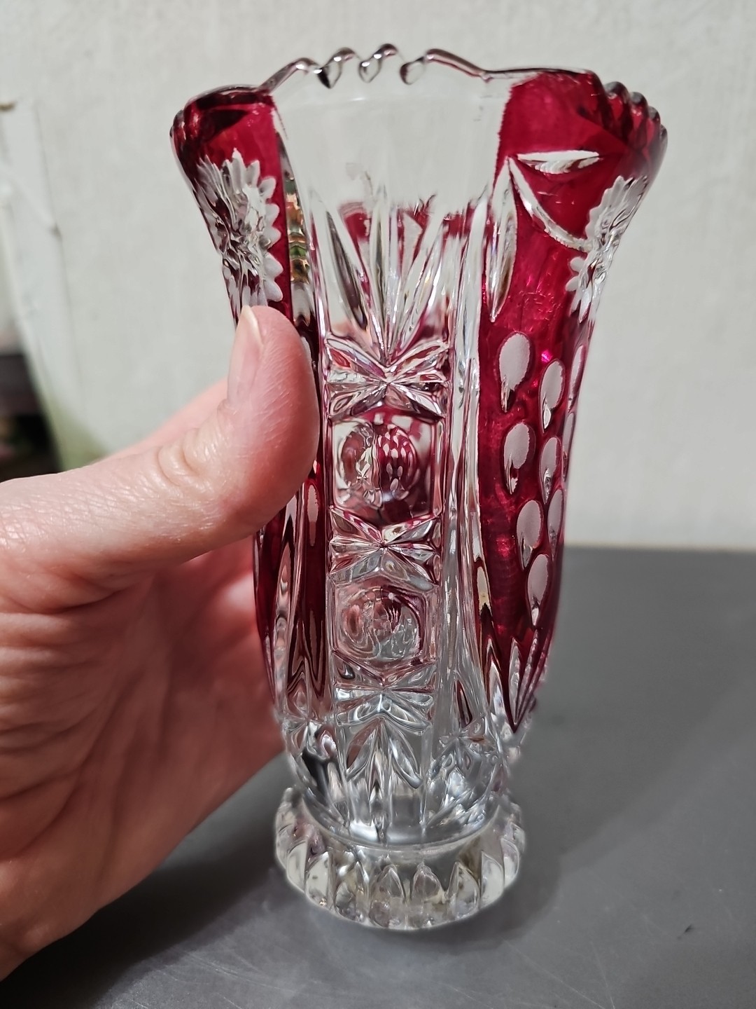 Vintage German Ruby Red Lead Crystal Anna Hutte Bleikristall 6″ Vase….