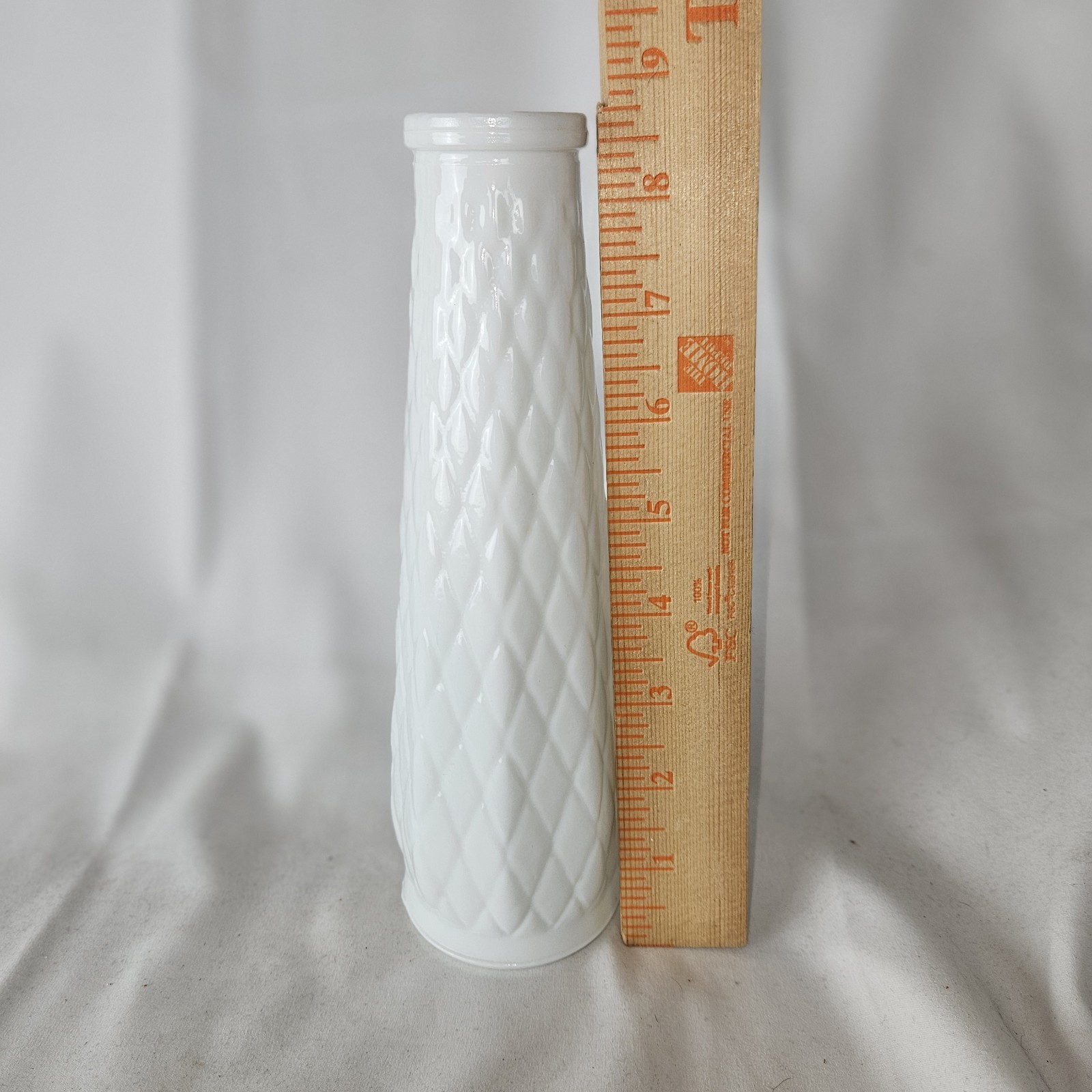 E O Brody Milk Glass Vase Diamond Pattern M-147 Made In USA – 8 3/4” Tall