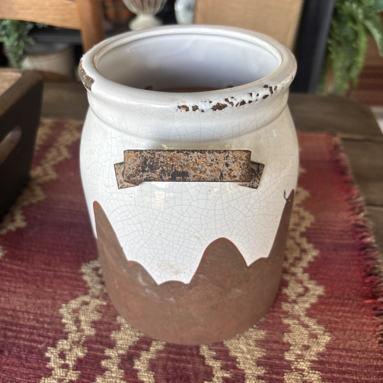 Very Unique Vintage Hand-Painted Rustic Open Crock w/Metal Handles