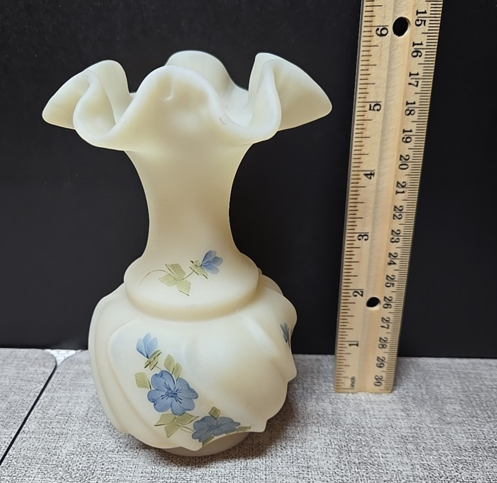 Vintage Fenton Art Glass Vase Burmese Satin Custard Hand Painted Signed 5.5 in.