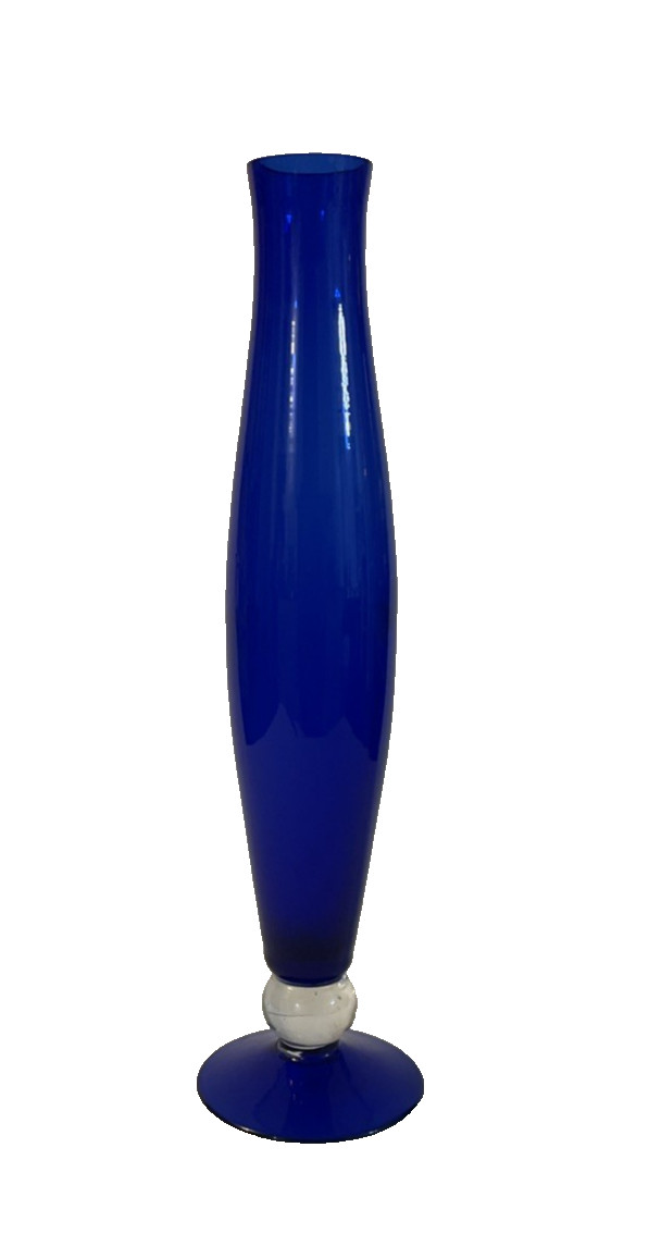 MCM Cobalt Blue Glass Bud Vase Handblown H9.75” Clear Ball Accent EUC