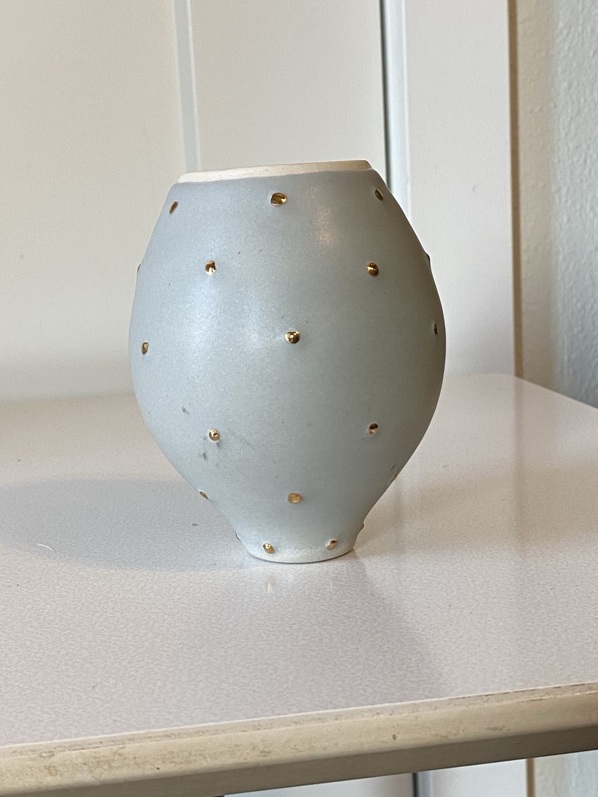 JOANNA Studio Pottery Weed Pot Bud Vase Robins Egg Blue Gold Polka Dots Unique