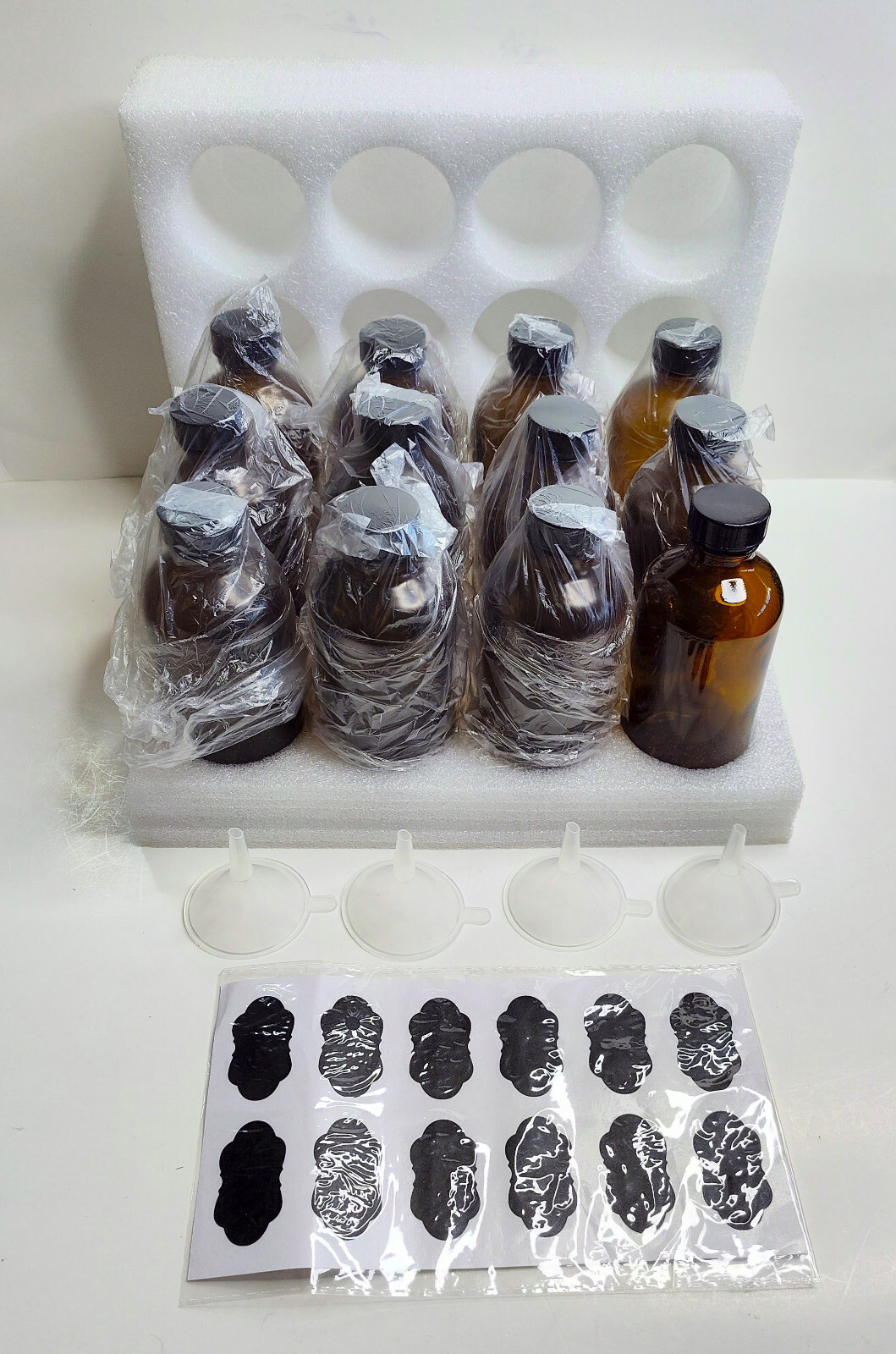 8 oz Amber Glass Bottles with Caps Funnel & Labels 12 pack