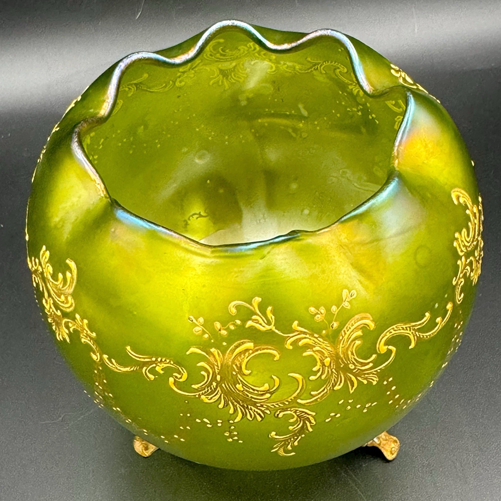 Antique Bohemian Moser Style Green Iridescent Art Glass Rose Bowl Gold Enamel
