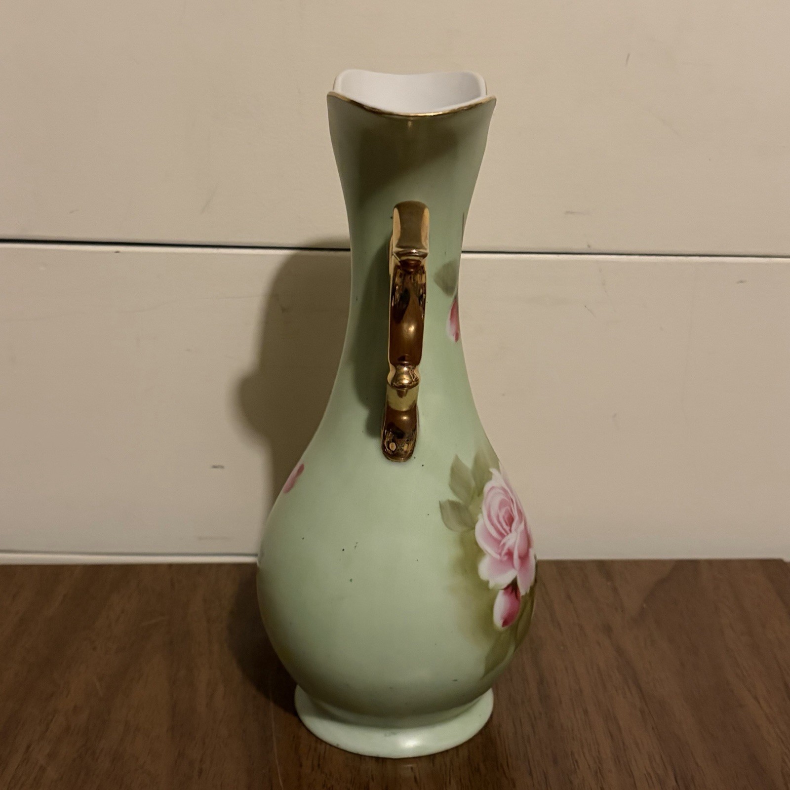 Lefton China Double Handled Vase Hand Painted Pink Roses 8.5” Pastel