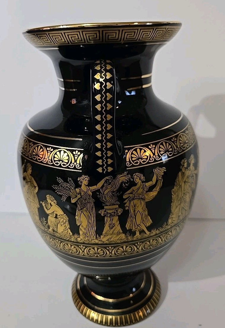 Vtg 8.5″ SPYROPOULOS Pottery Ancient Grecian Style Greek Vase Black & 24 K Gold