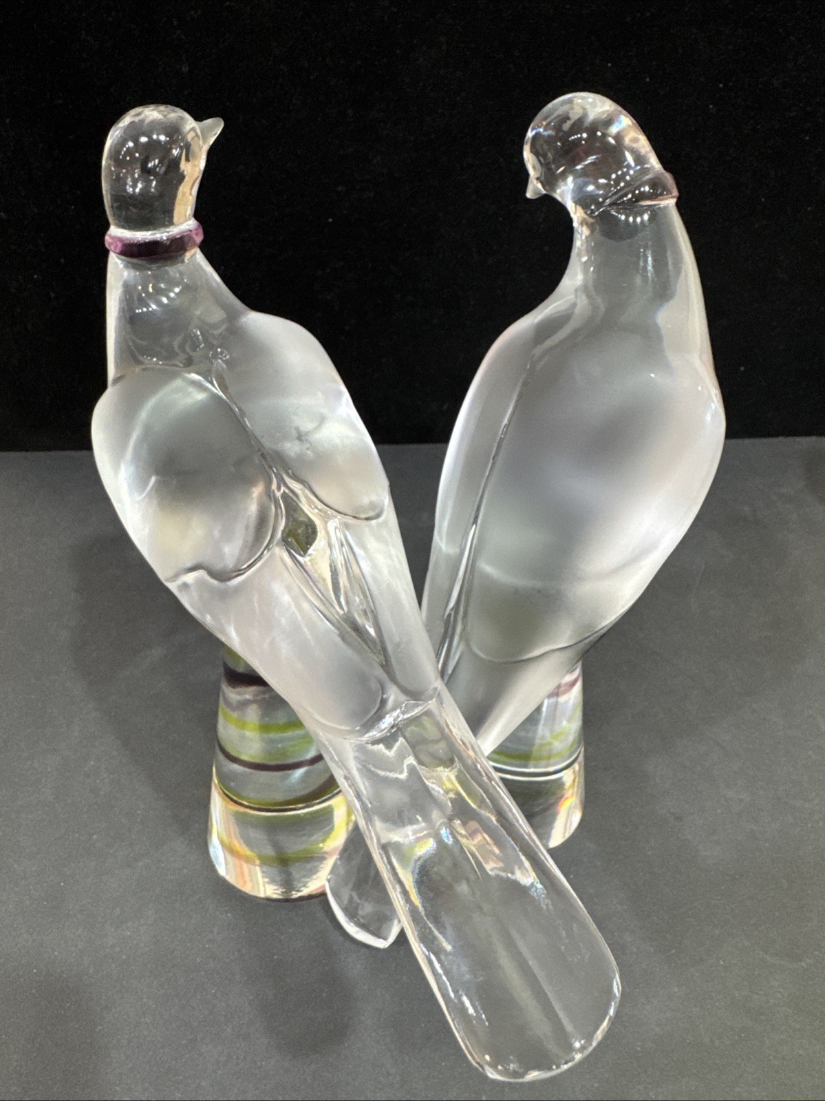 Rare Pair Large Lalique Turtle Doves Tourterelles w/Ribbons Birds On Pedestals