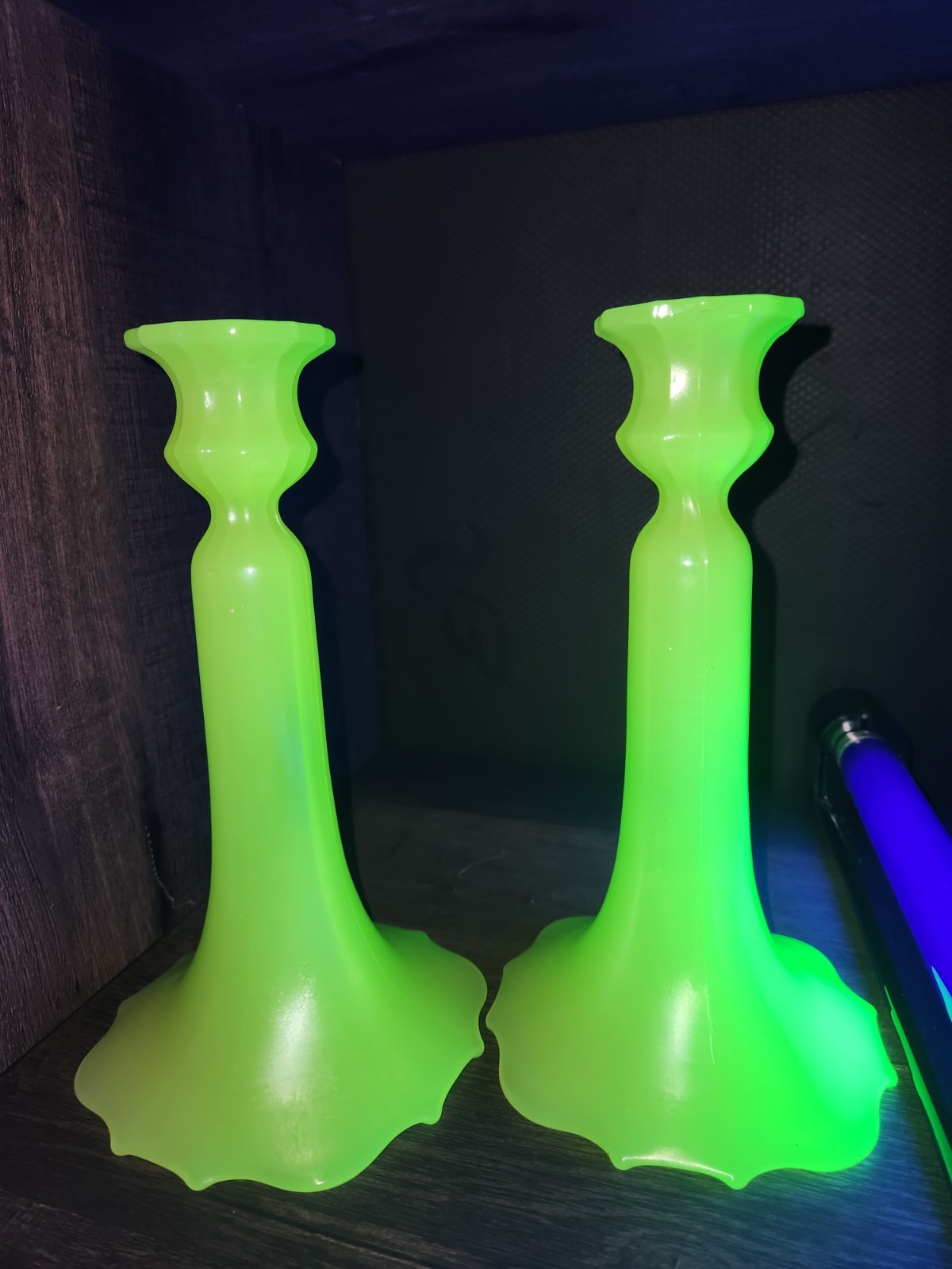 U.S. Glass Mandarin Yellow Uranium Glass 9″ Candlestick Holders – Pair