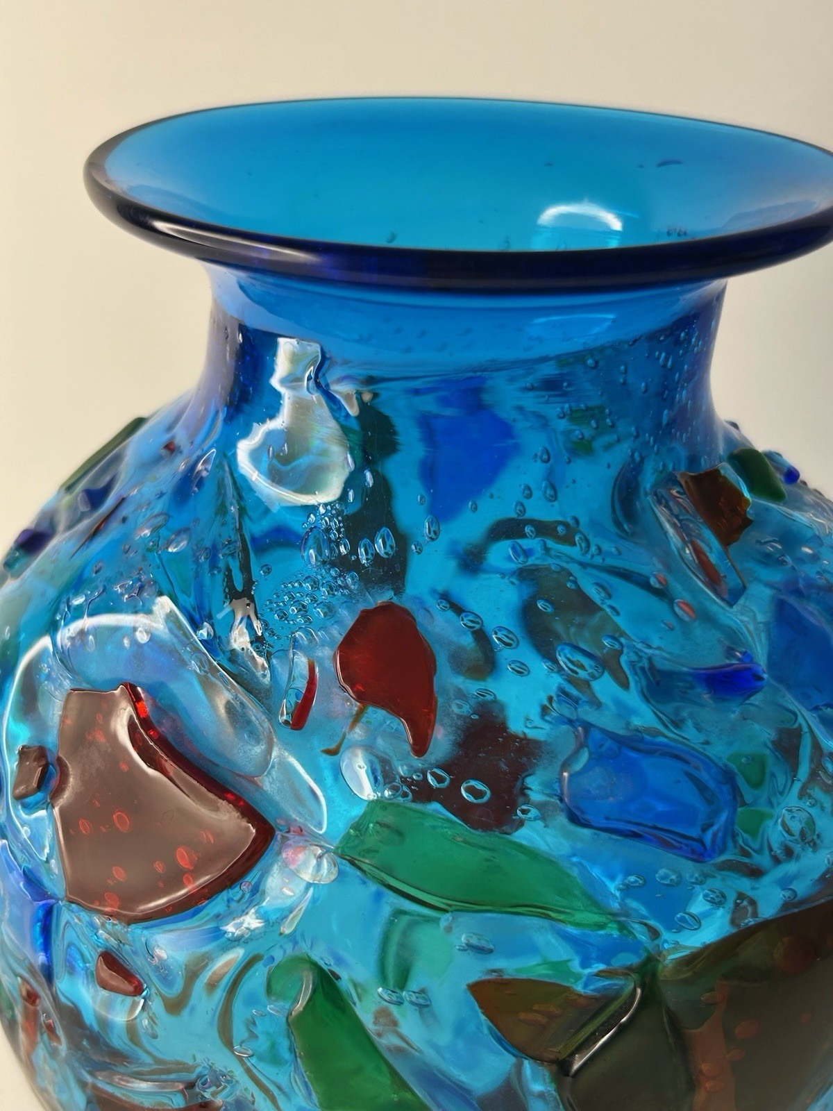 Art Glass Shards Vase Hand Blown Fused Glass Blue Green Red Bulbous Shape