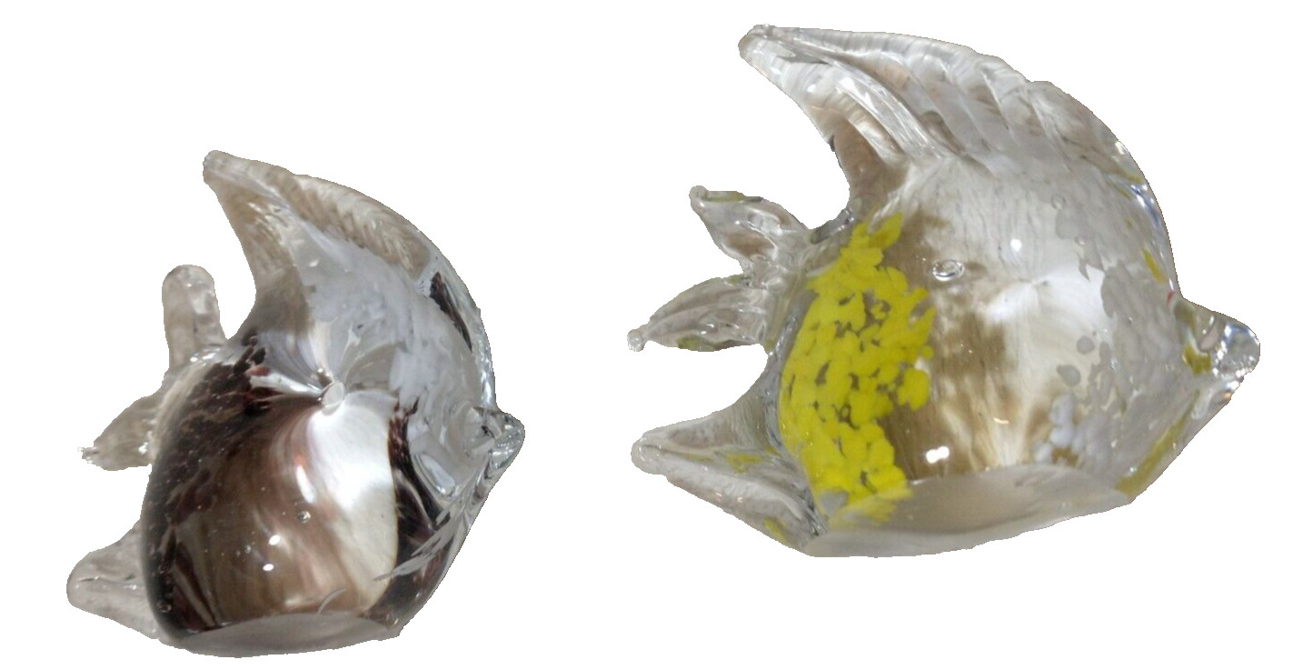2 Art Glass Angel Fish Statue Clear Yellow White-Clear Black White Paperweight