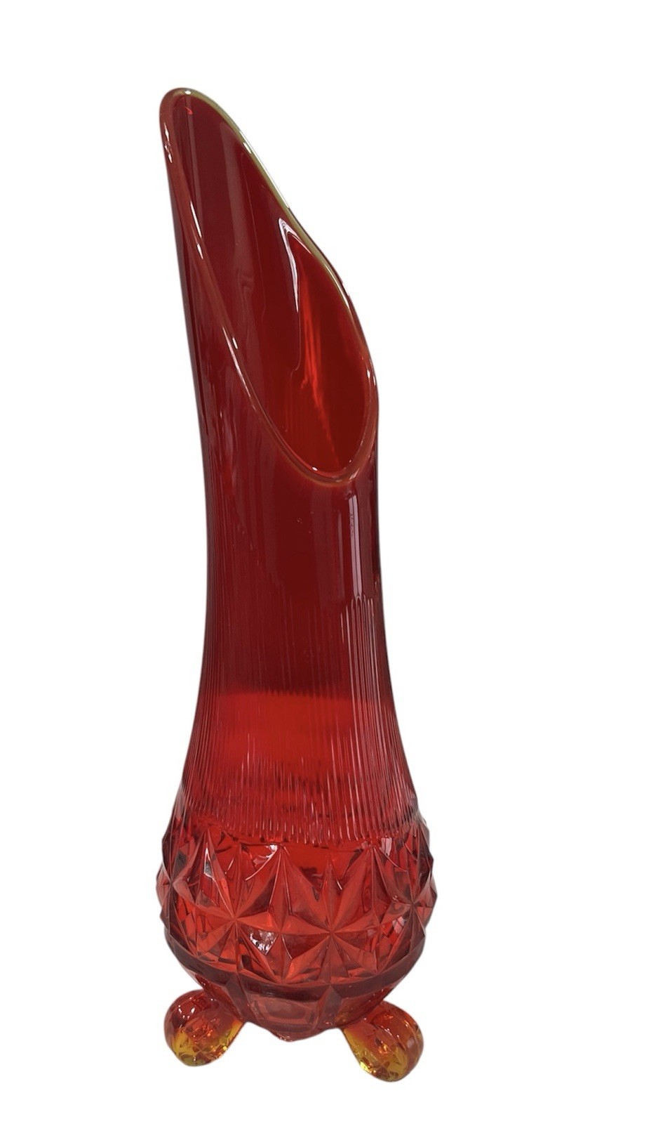 VTG LE Smith Flame Red /Amberina Diamond Point RIbbed 3 Wheeler Swung Vase 18″
