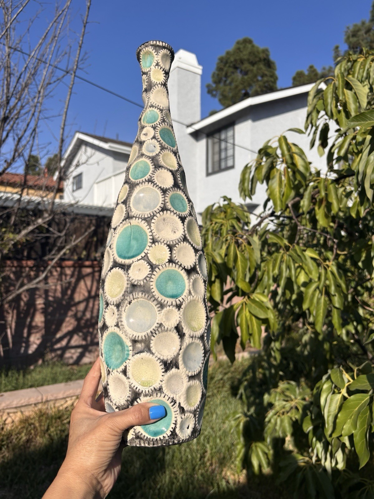 HongLianRiven Bottle 20” Vase White Cream Turquoise Resin Colorful Geometric
