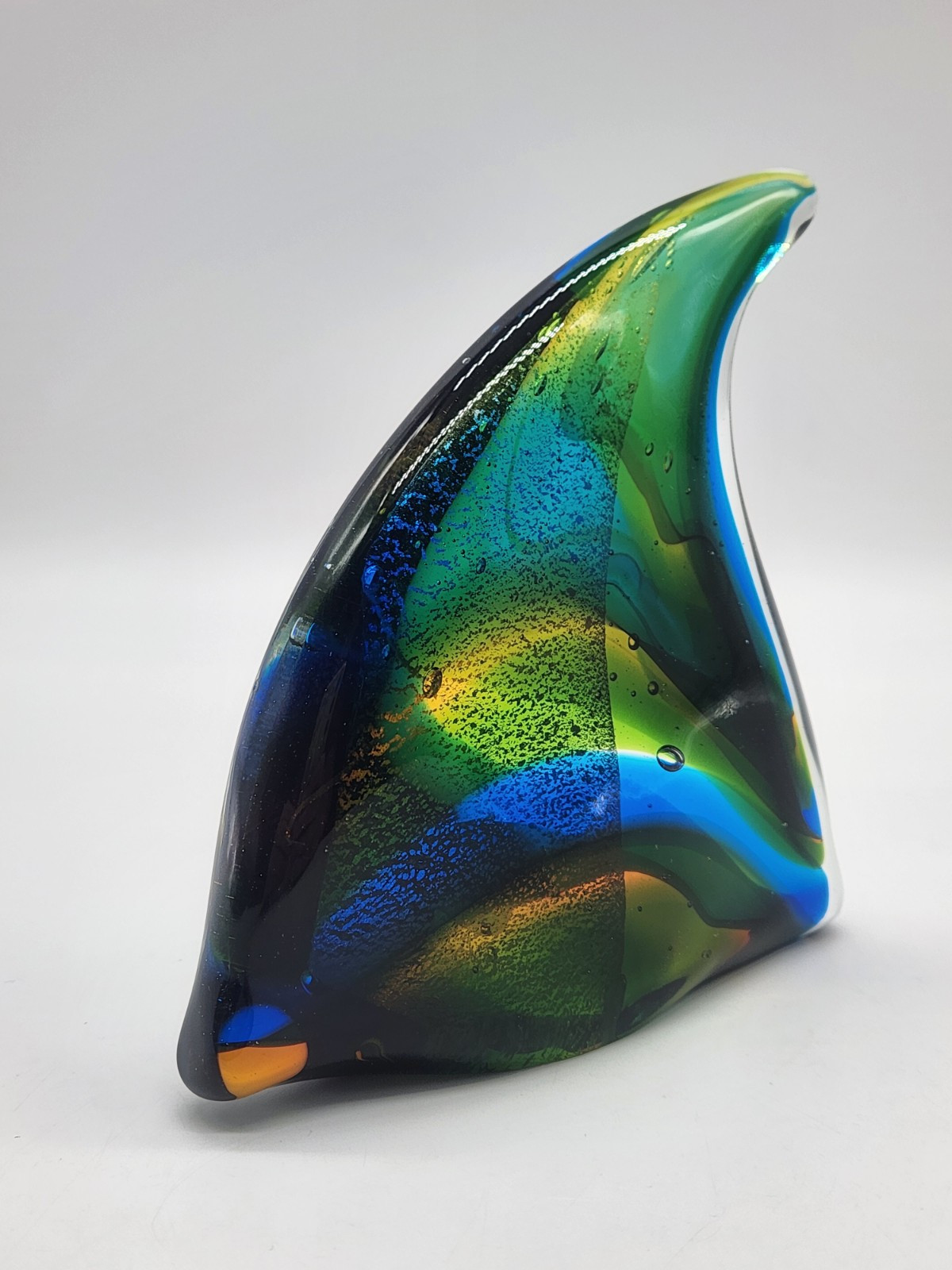 Art Glass Paperweight Fish Fin Blue, Green, Yellow 5.25″ x 5″