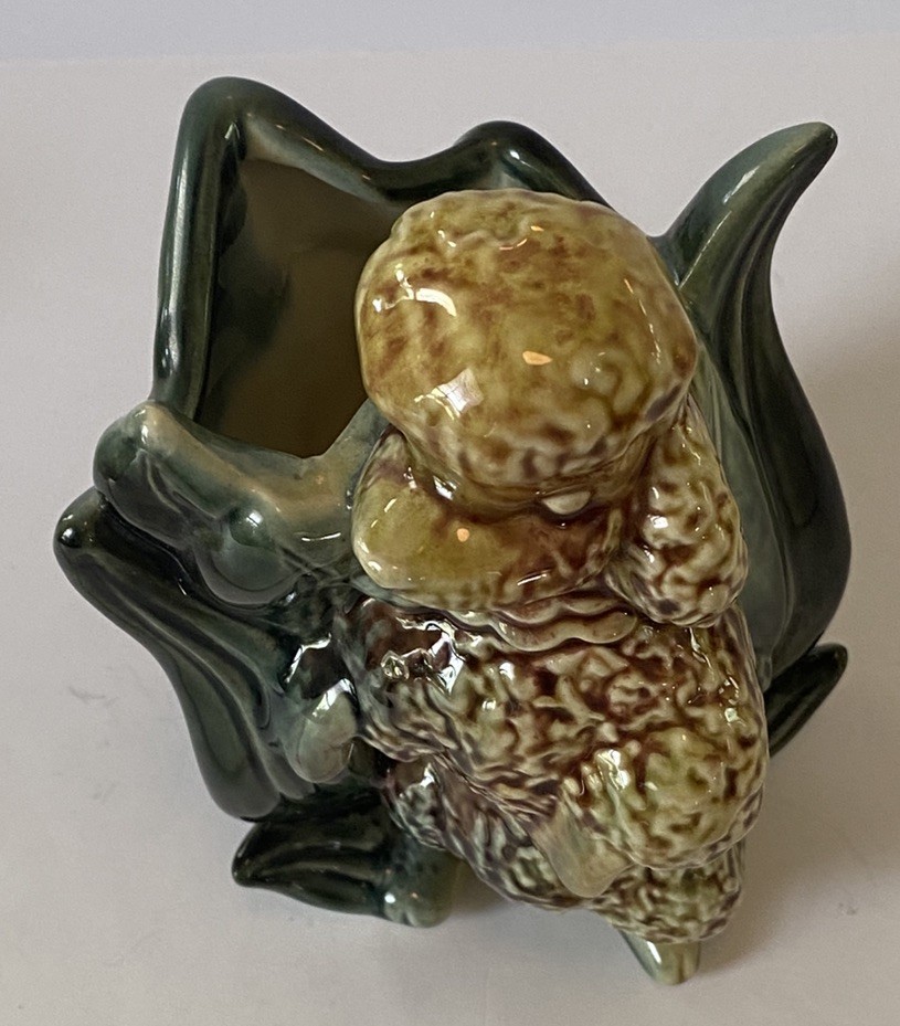 Vintage ~ Art Pottery ~ Hull MCM ~ Poodle Dog Vase ~ #114 ~ Green Yellow Brown