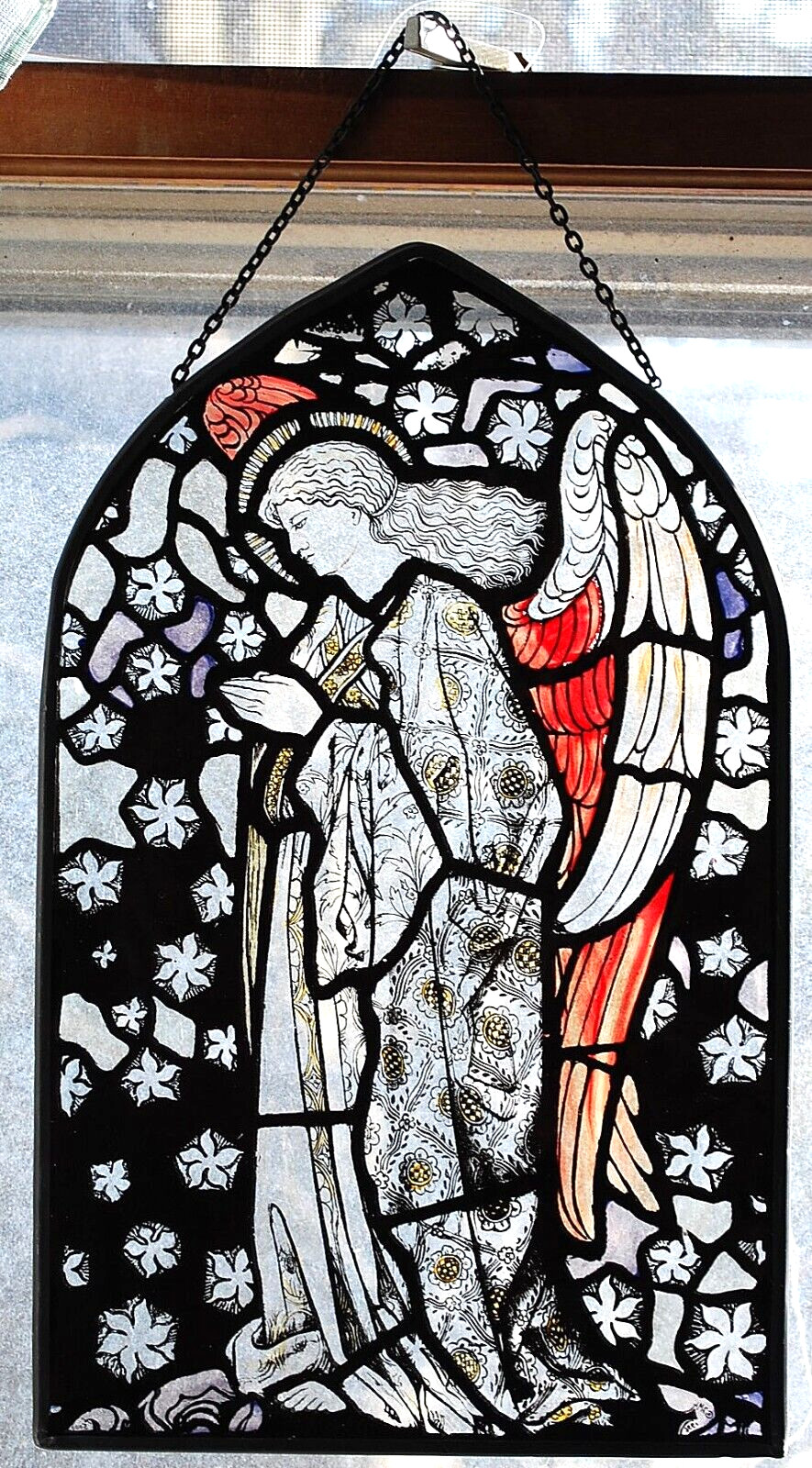 HUGE Stained Glass Suncatcher PRAYING ANGEL William Morris Repro w Chain 13.75″