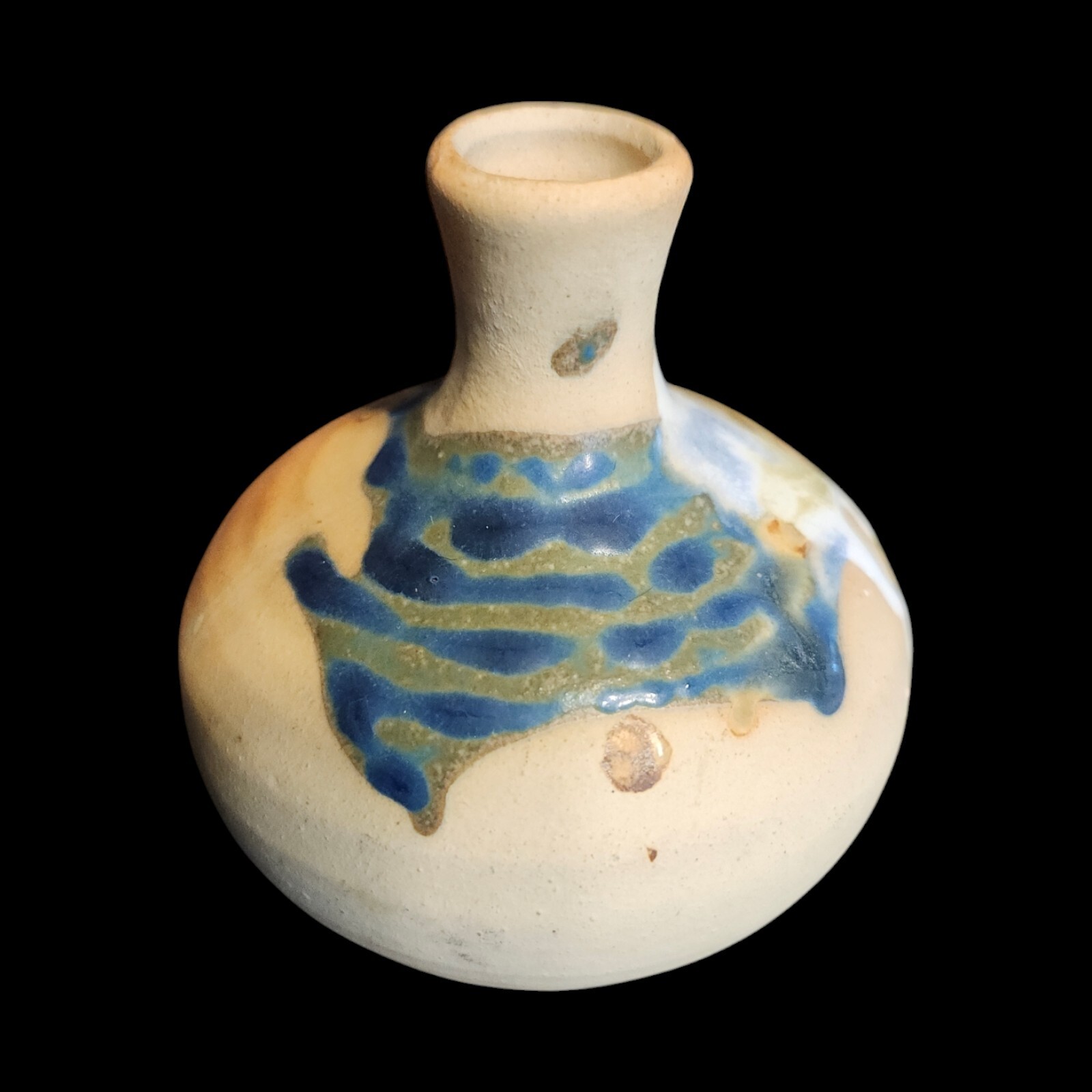 Studio Art Pottery Vase Drip Glaze 3.5″ Blue White Rust Tan Bud Rustic Vessel