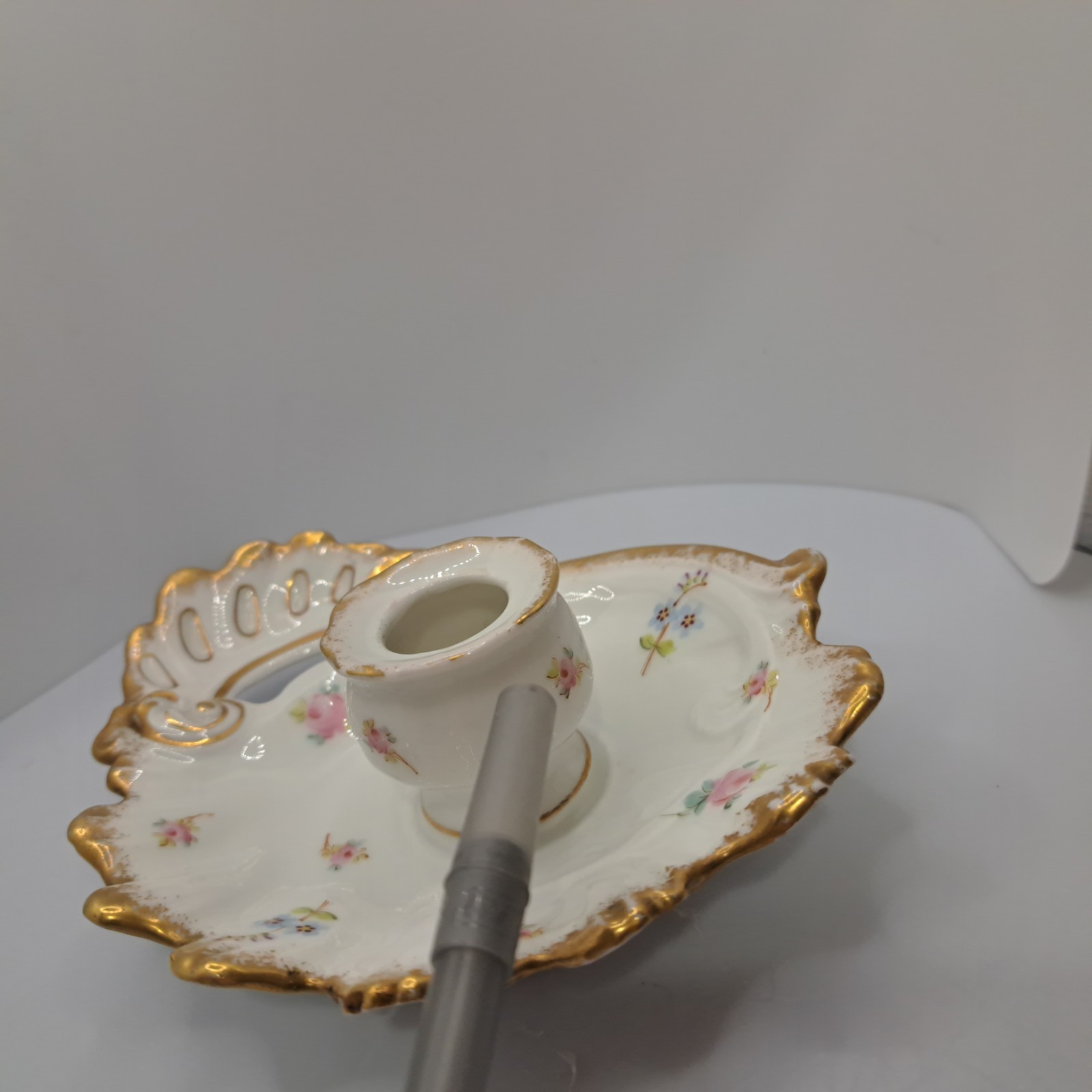 Antique ELITE LIMOGES France Hand Painted Gold Pink blue floral Candl Holder SEE