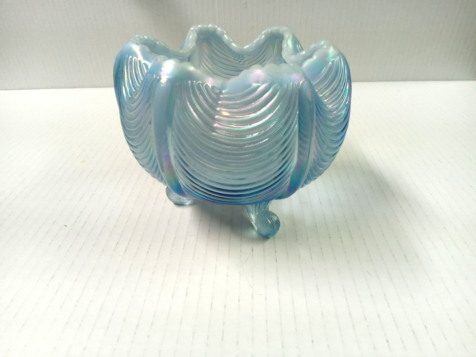 Fenton Blue Opalescent Glass Three Footed Rose Bowl Vase Drape