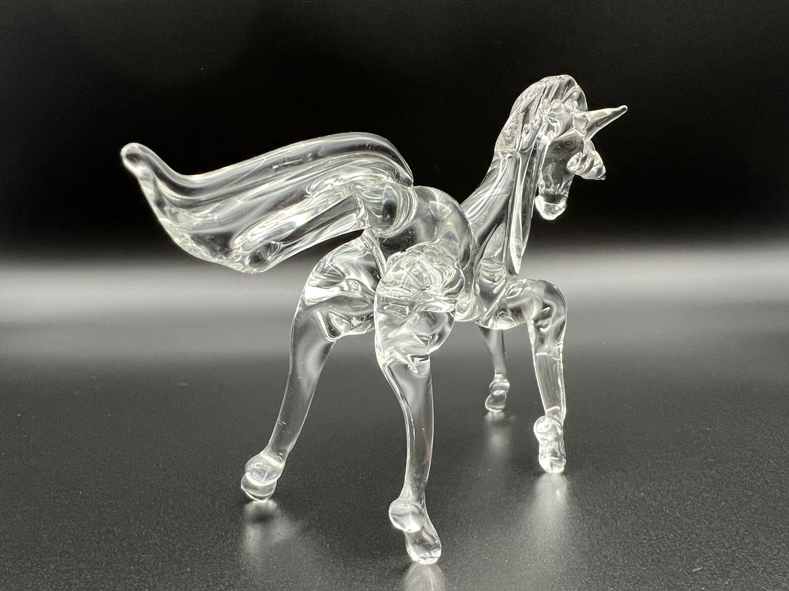 Clear Hand Blown Art Glass Lion 2.5” and Unicorn 4” Figurine