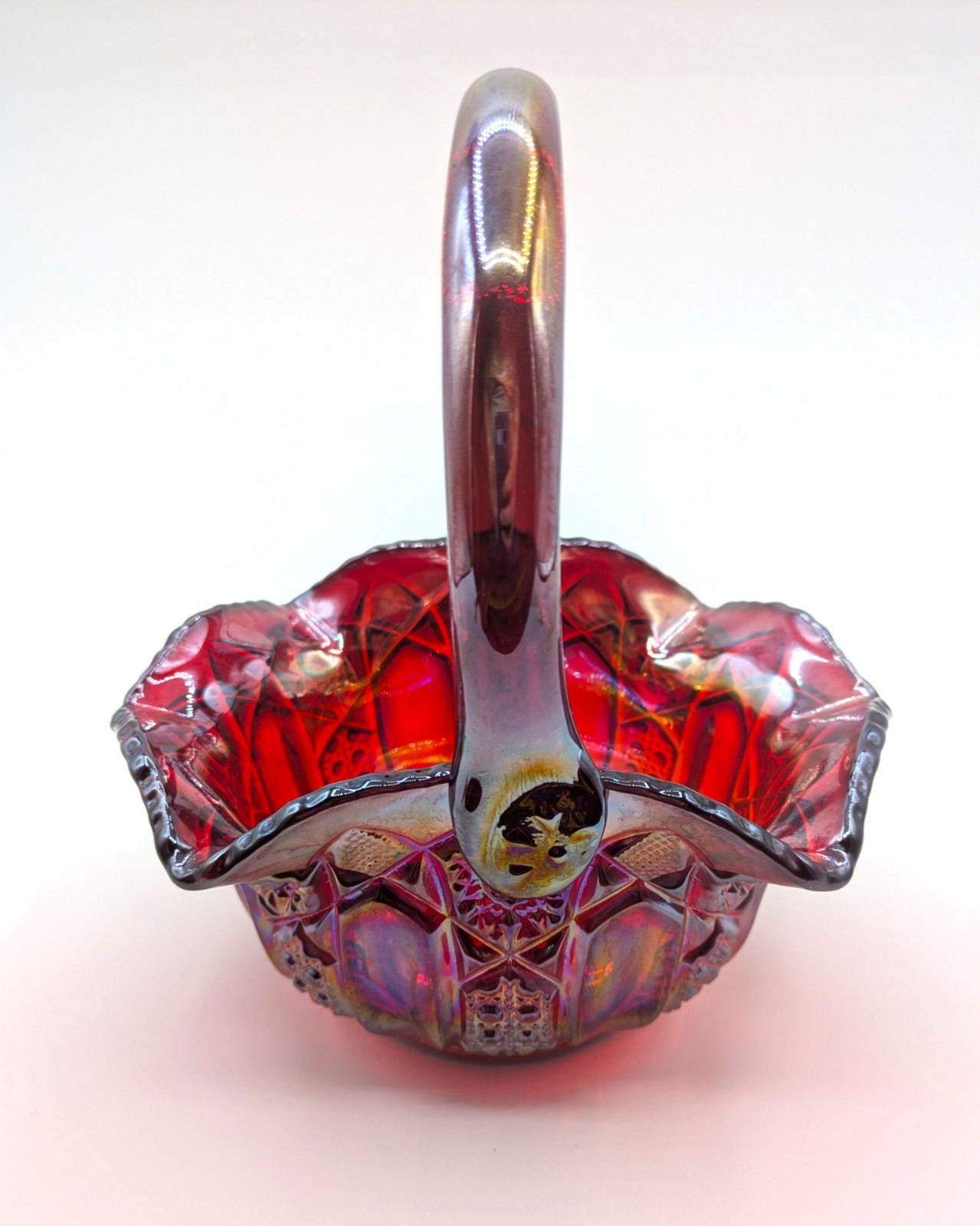 Vintage L E Smith Ruby Red Iridescent Quintec Carnival Glass Basket