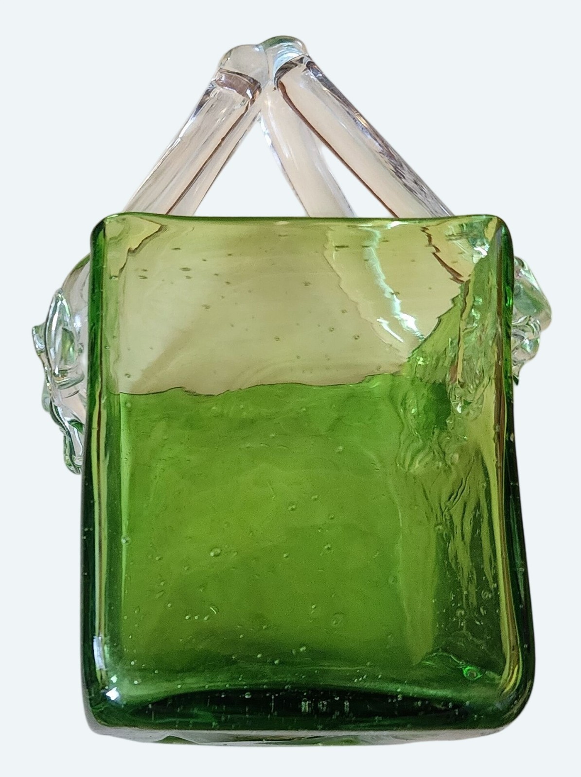 Vtg Handmade Green Glass Rectangle Basket Vase With Clear Decorative Handles