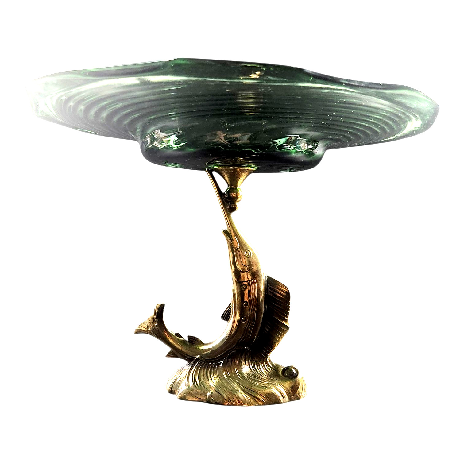 Vintage Cast Brass Sword/Sail Fish Pedestal Green Glass Centerpiece Compote Tray