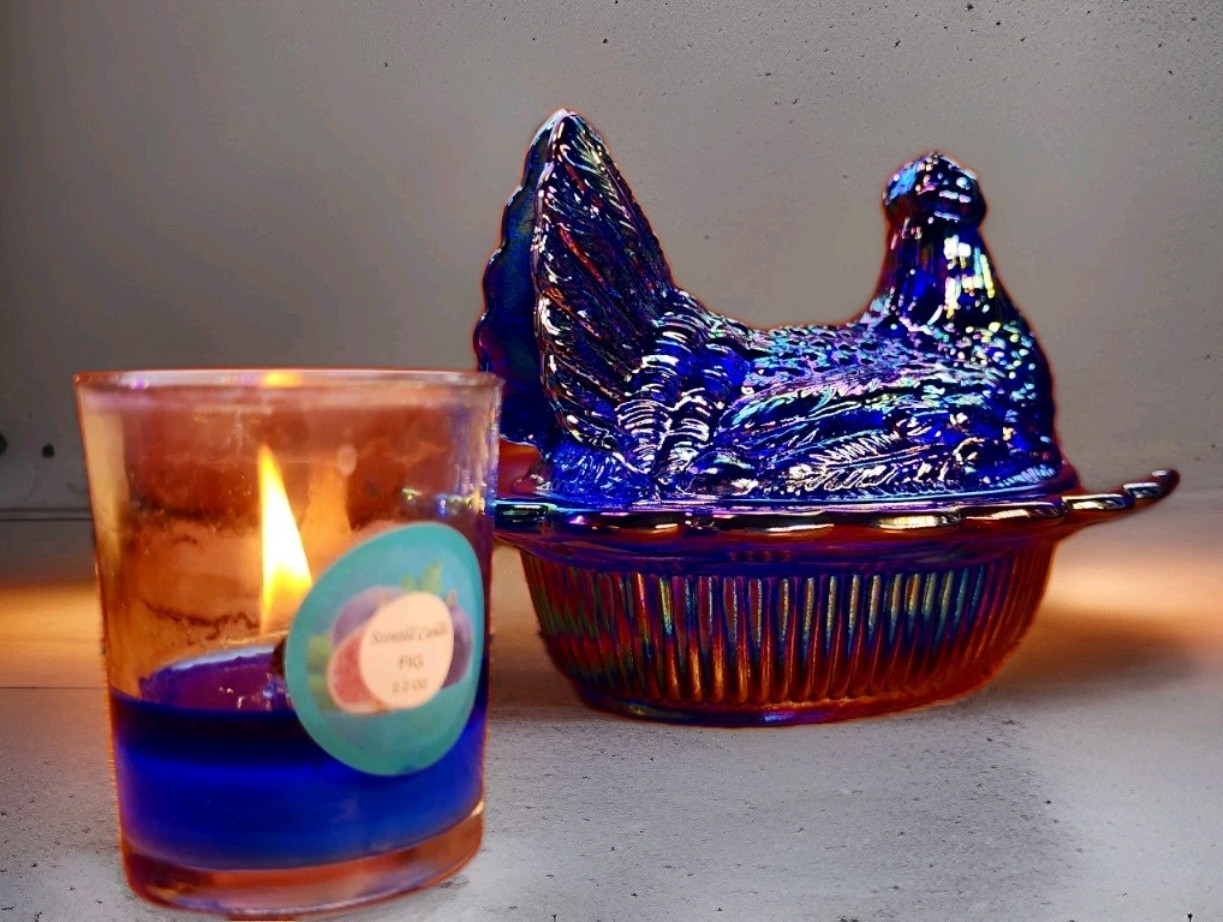 Cobalt Blue Carnival 6″ Mosser Glass Hen Jumbo Chicken Covered on Wide Rim Base