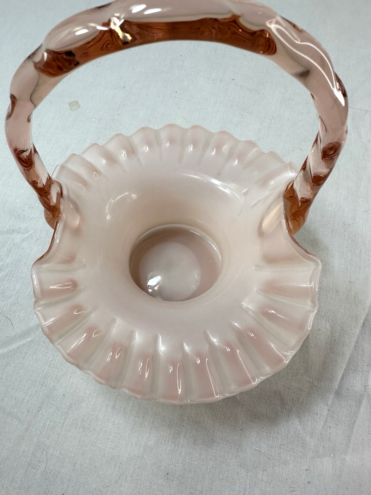 Fenton Art Glass Pink Overlay Ruffled ClearHandle Bridal Basket Easter 8.5″ Vase