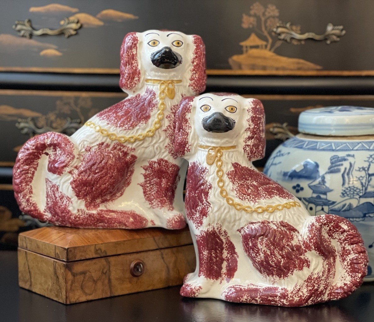 Magnificent Rare 19C English Staffordshire Spaniel Mantle Dog Pair Burgundy 9.5”