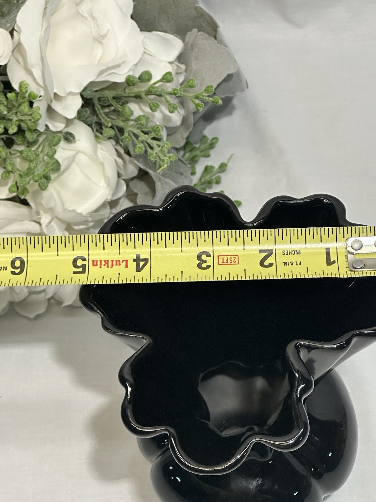 Vintage Vase Black with Fluted Ruffled Edges Bulb Base 6.5” Tall 5” Across