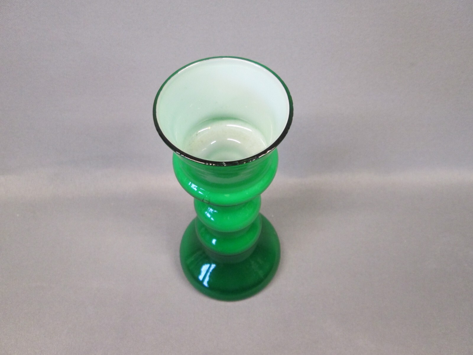 Lindshammar Green and White Glass Cased Scandinavian 8″ Hooped Vase